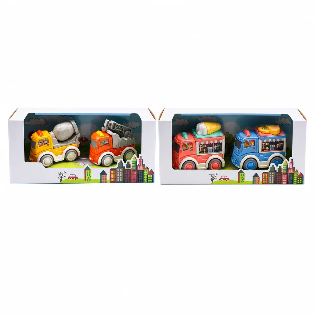 Set van 2 Inertia City voertuigen voor kinderen - IJscowagen, Caravan, Recycling en Bouw - Educatief wrijvingsvoertuig - Creatief kindercadeau