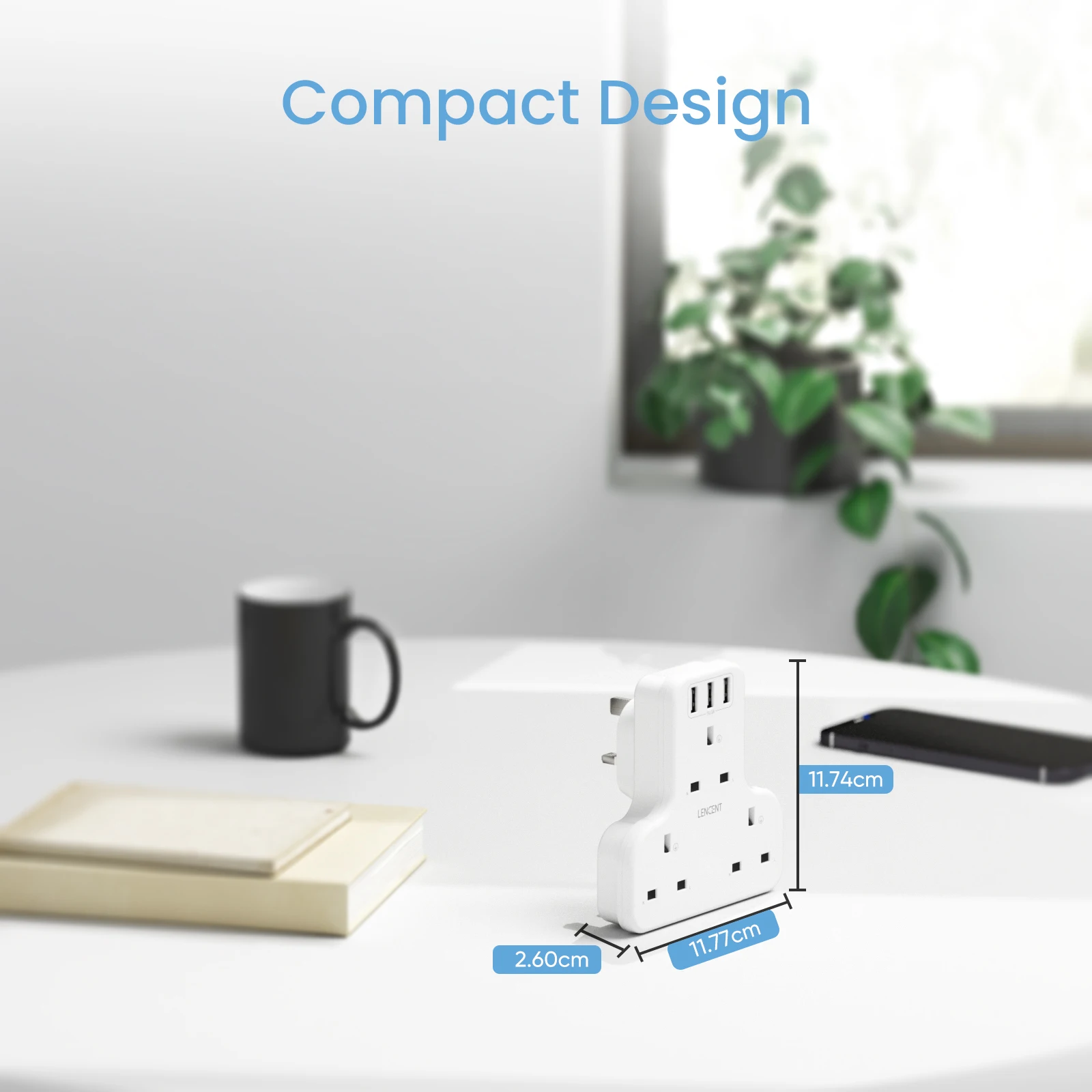 LENCENT Wall Socket Extender with 3AC Outlets 3 USB Ports 5V 2.4A 6-in-1 USB Outlet Plug Extender for Home/Office  13A 3250W