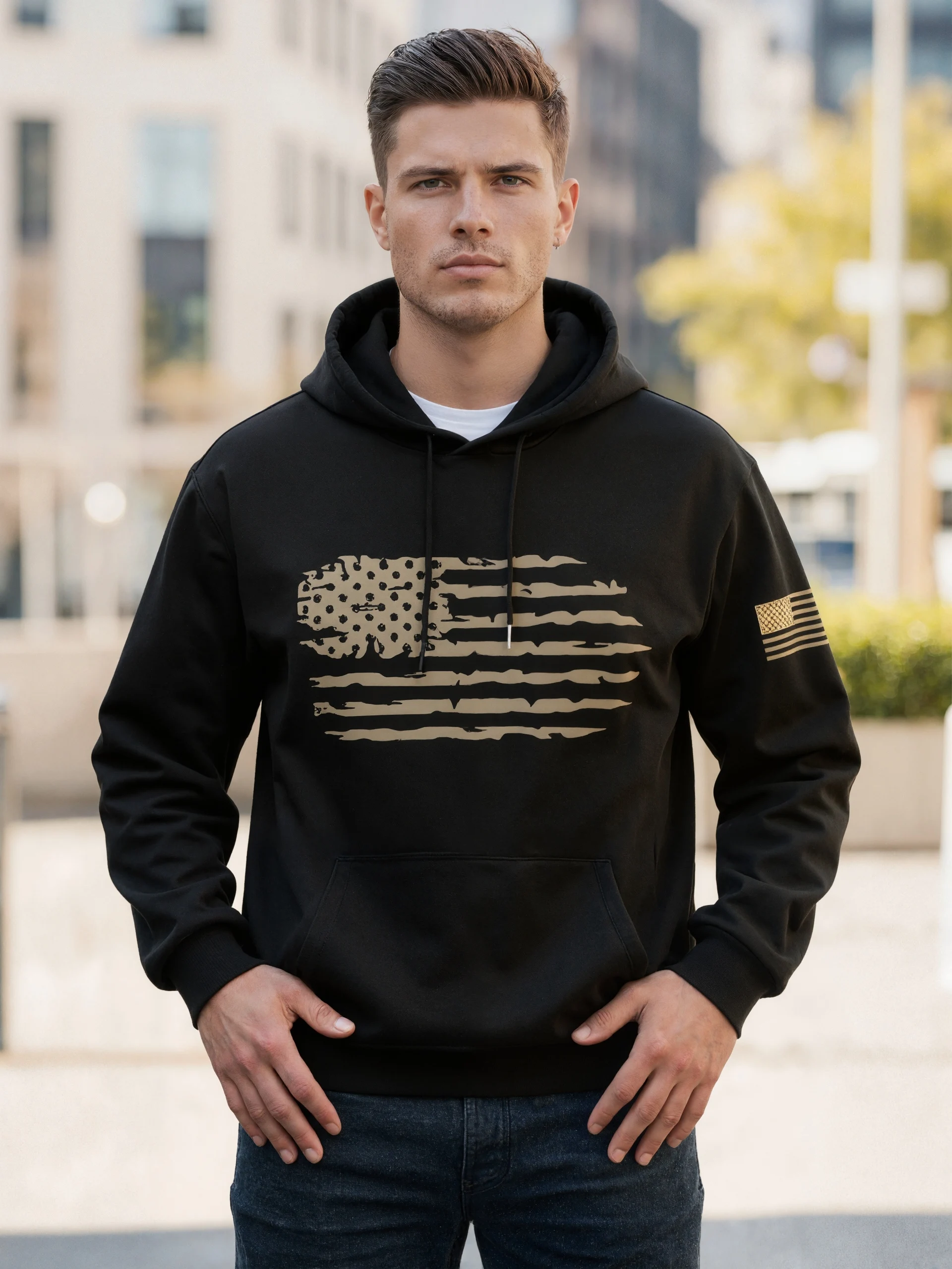 Vintage American Flag Patriotic Pullover - Comfortable Fit with Drawstring Hoodie, Fashional Design for Everyday Casual Wear