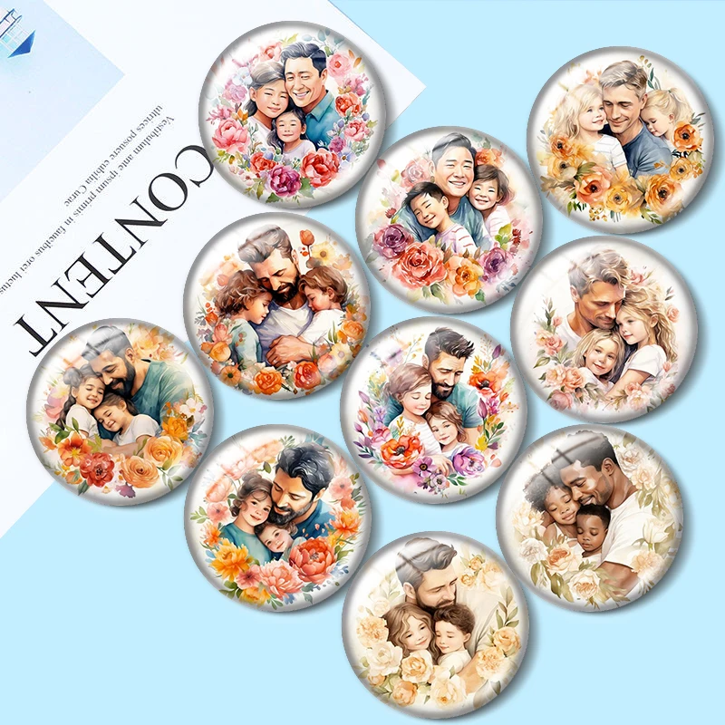 

Happy Fathers Day Watercolor 10pcs 12mm/16mm/18mm/25mm Round Photo Glass Cabochon Demo Flat Back Making findings
