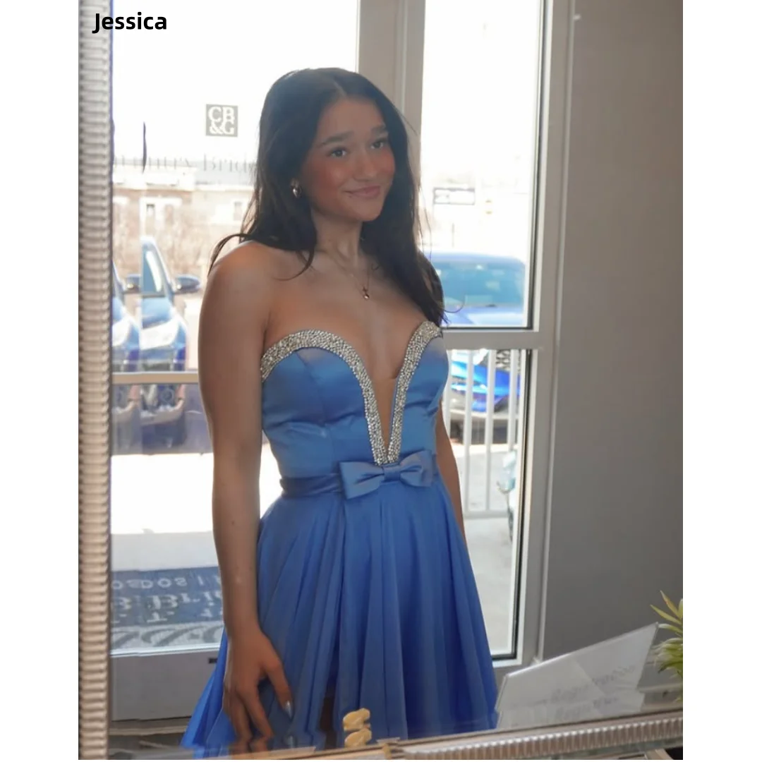 

Джессика Вечерние платья ручной работы с блестящими бусинами Синие атласные платья для выпускного вечера с бантом Сексуальные женские платья без бретелек Vestidos De Fiesta по индивидуальному заказу