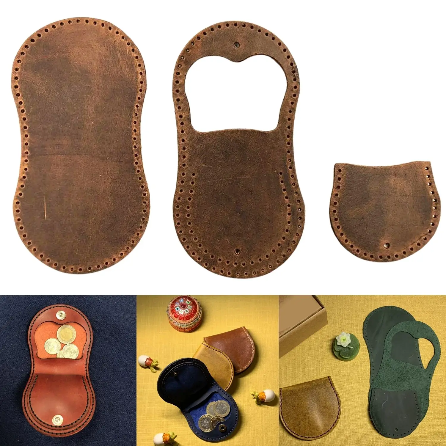 DIY Mini & Snap Coin Purse Kit, Ready Cut Genuine Leather Pieces, Holes Ready for Hand Sewing, Press Cut According to Template