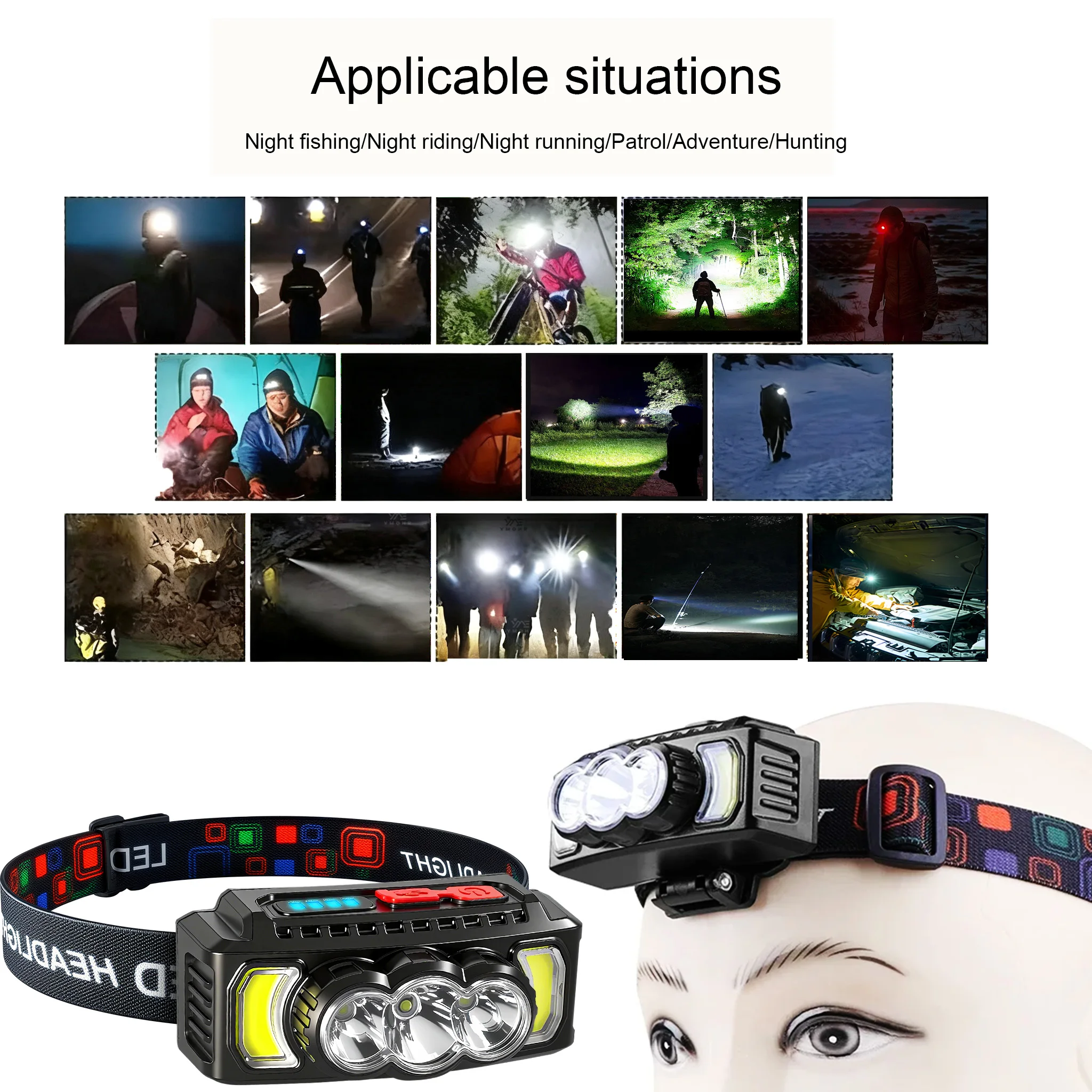 Potente faro impermeable, luz LED 18650, lámpara recargable, linternas de cabeza COB, lámpara de cabeza de alta potencia, faro de pesca