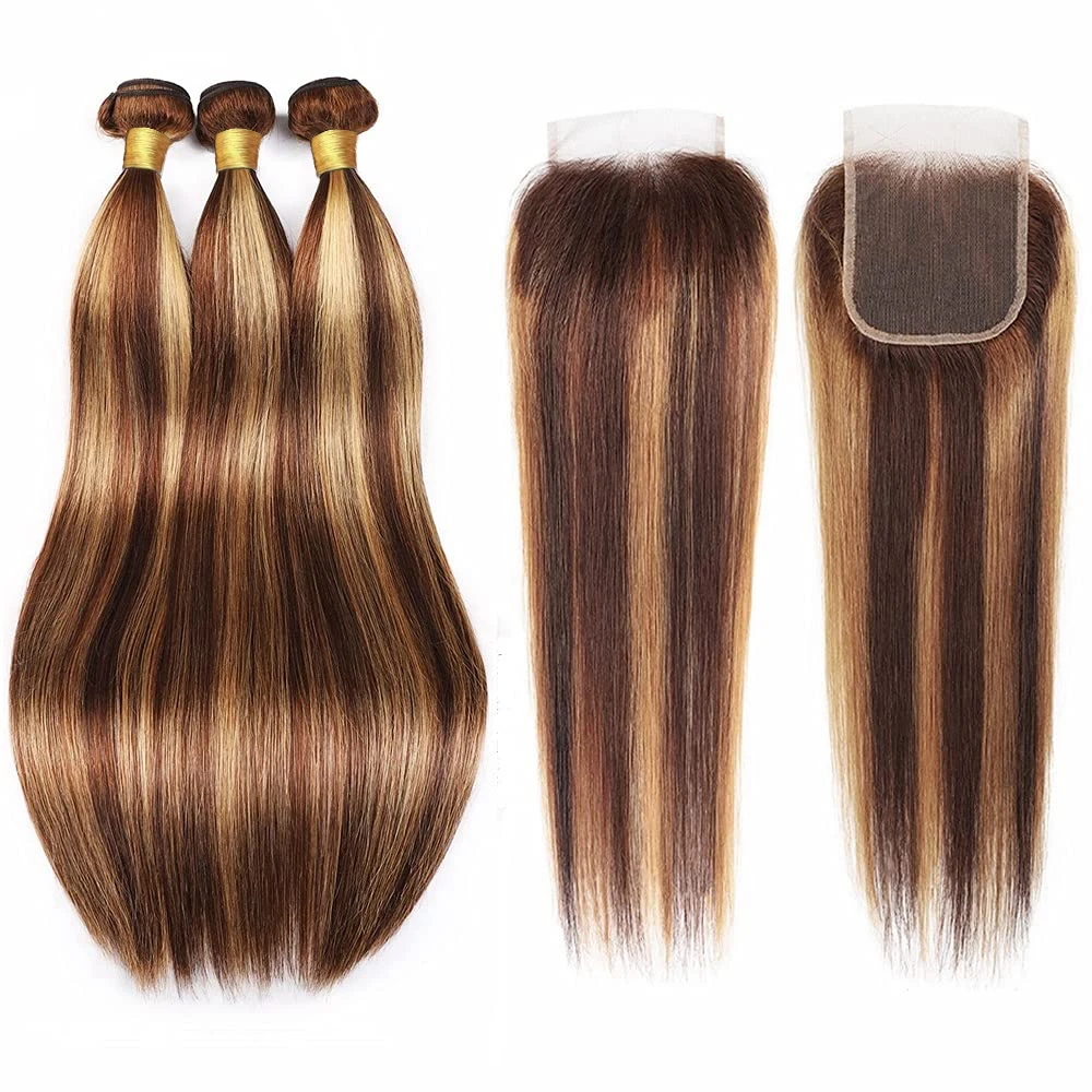 Ombre Destaque Pacotes com Fecho, Pacotes de cabelo reto, Parte livre, 3 Pacotes, 4x4 Lace Closure, P4/27