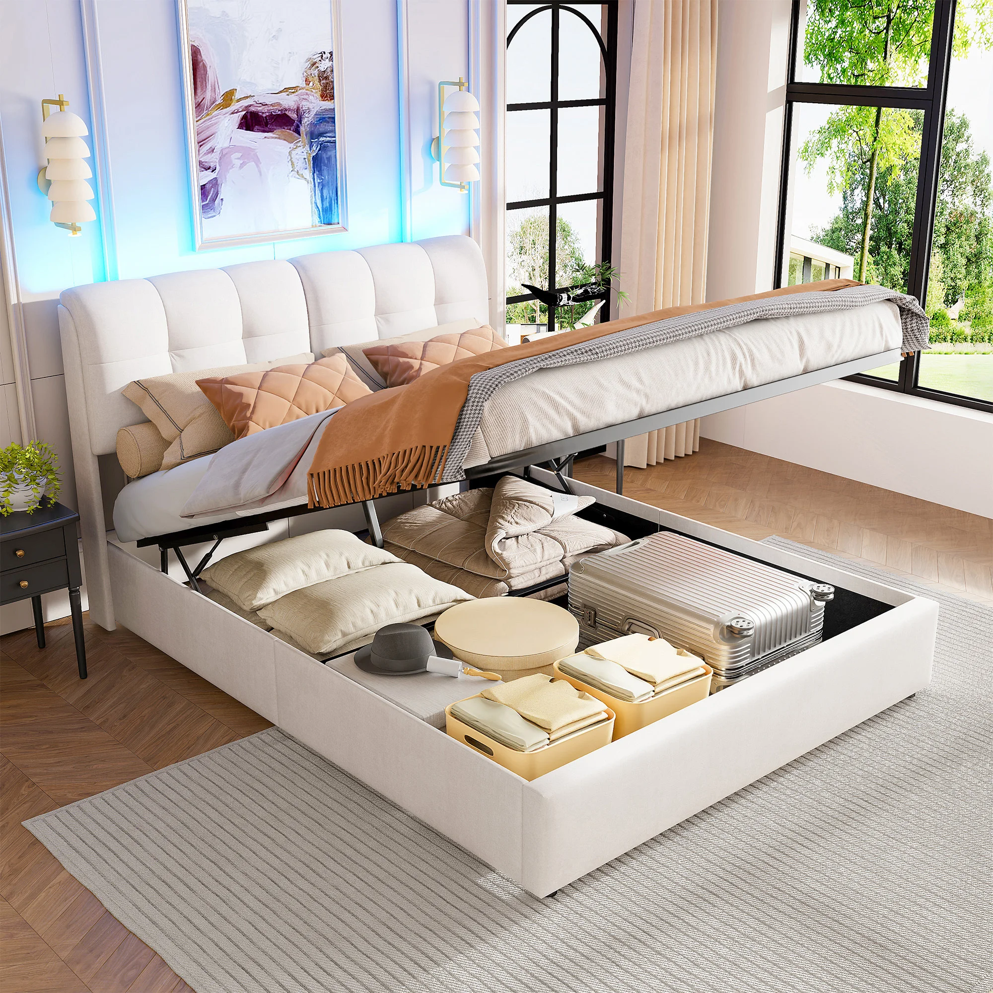 Superaly Lit double rembourré 140/160X200Cm, lit de rangement hydraulique, lit pour adulte avec lumières LED, dossier carré en velours blanc