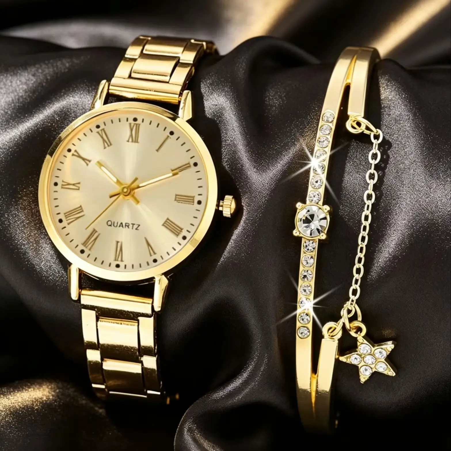 Women's Fashion Watch Set, High-End Trendy, Exquisite Simple Pattern Quartz Watch and Bracelet Combo, Best Gift Choice for Best Friend's Birthday, Girlfriend's Travel Vacation, Graduation Season, Halloween, Valentine's Day, Christmas (2-Piece Set)