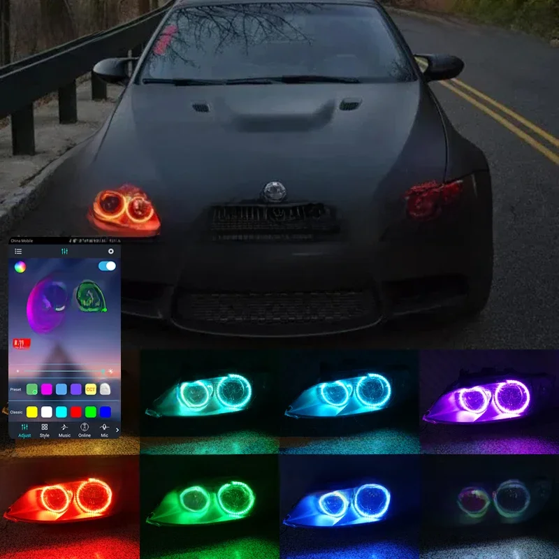 Zestaw LED Angel Eyes RGB z pilotem RF, Bluetooth i aplikacją, wielokolorowe, do BMW serii 3 E90 E91 E92 E93 M3, światła dzienne, halo rings. — 2