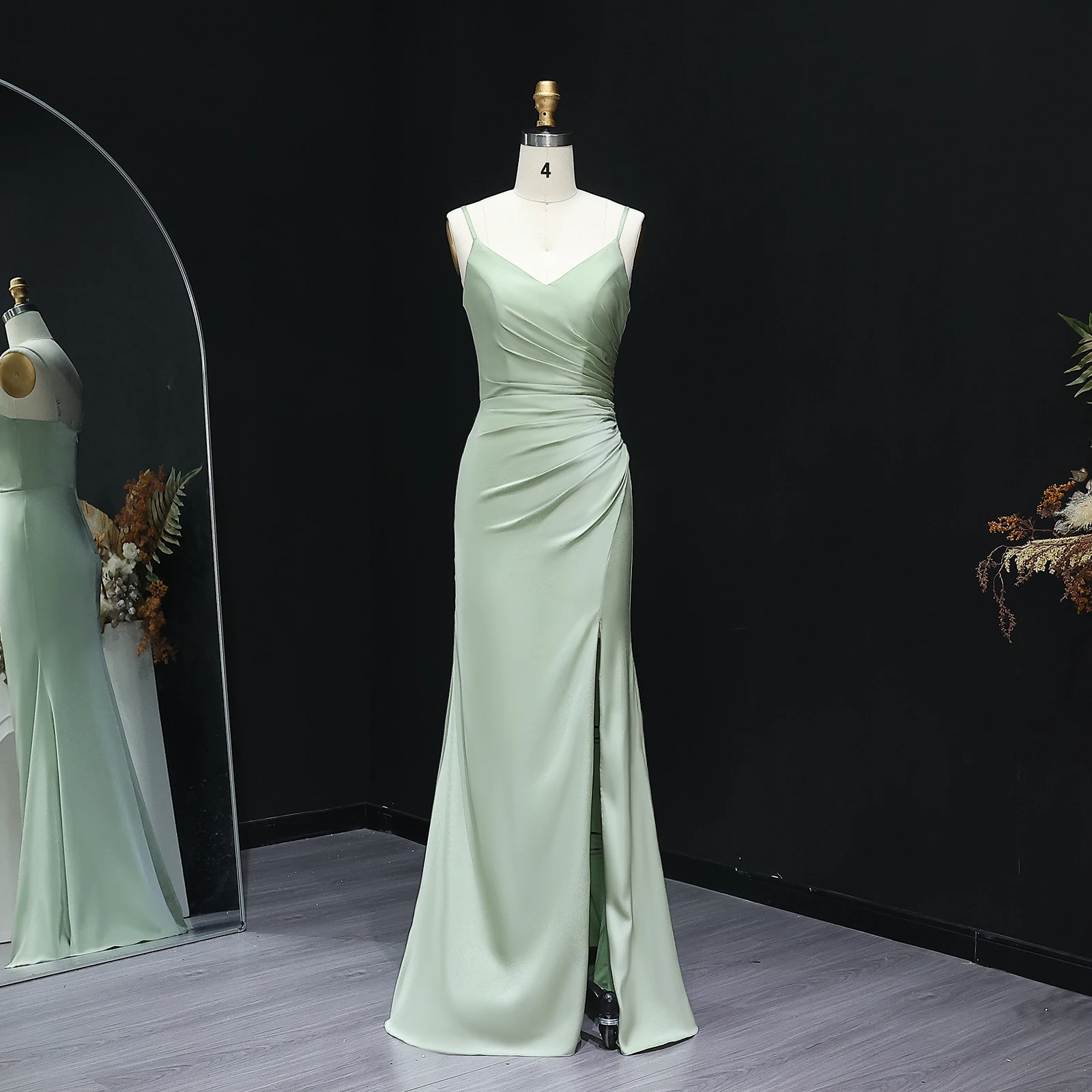 

Sharon Said 2025 Elegant Green Satin Spaghetti Strap Bridesmaid Dress Simple Slit Sheath Wedding Guest Gowns BS019 Customized