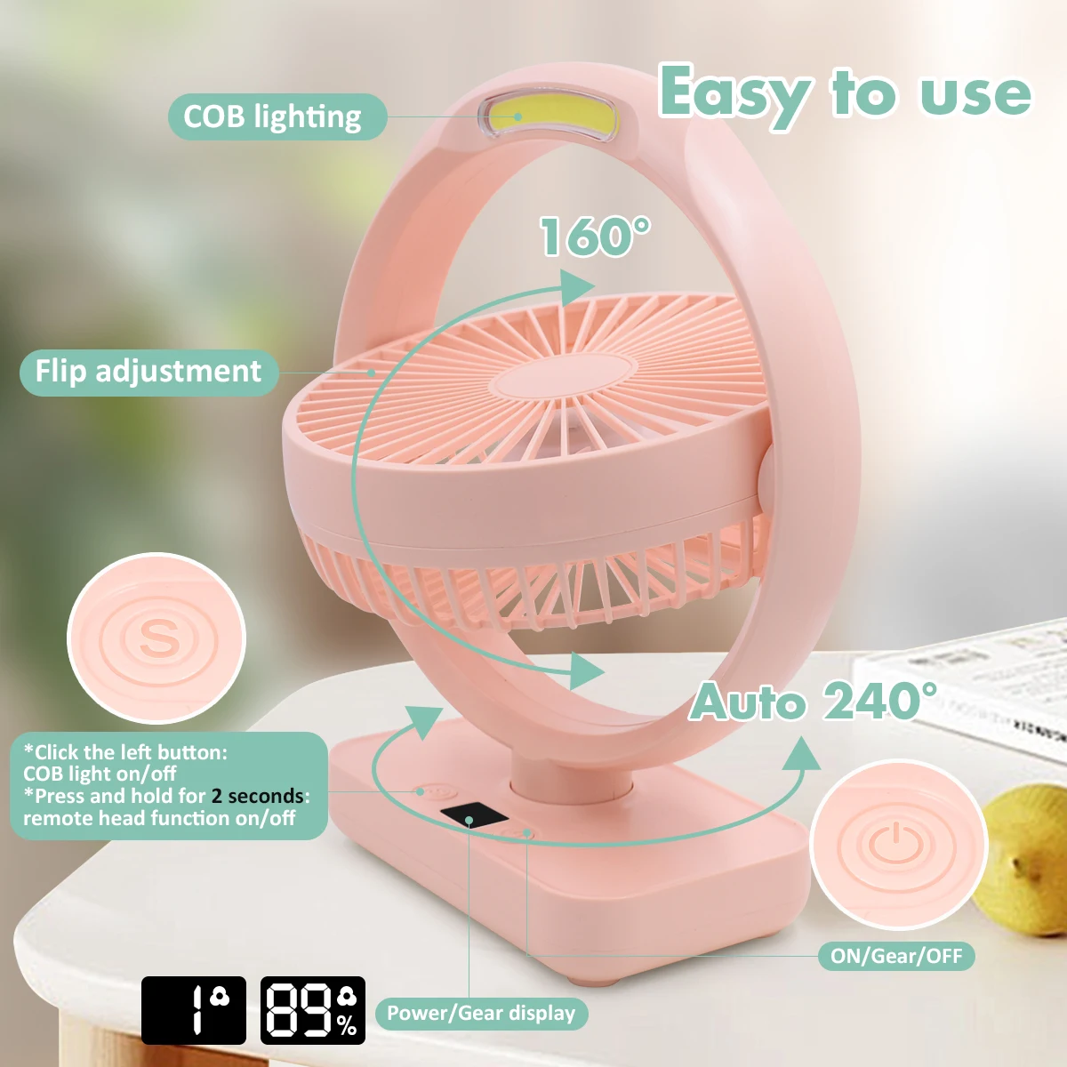 Kipas lampu Pink, lampu pencahayaan rotasi 240 ° USB portabel 4 mode kipas listrik musim panas malam anak-anak kerja rumah kamar tidur membaca Desktop