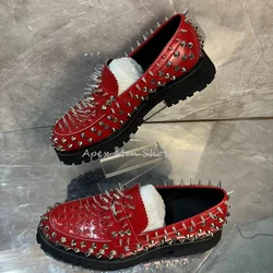 Spring Summer Red Business Casual Men's Shoes Banquet Dress Shoes Slip On Genuine Leather Oxford Rivet Design Trendy Loafers