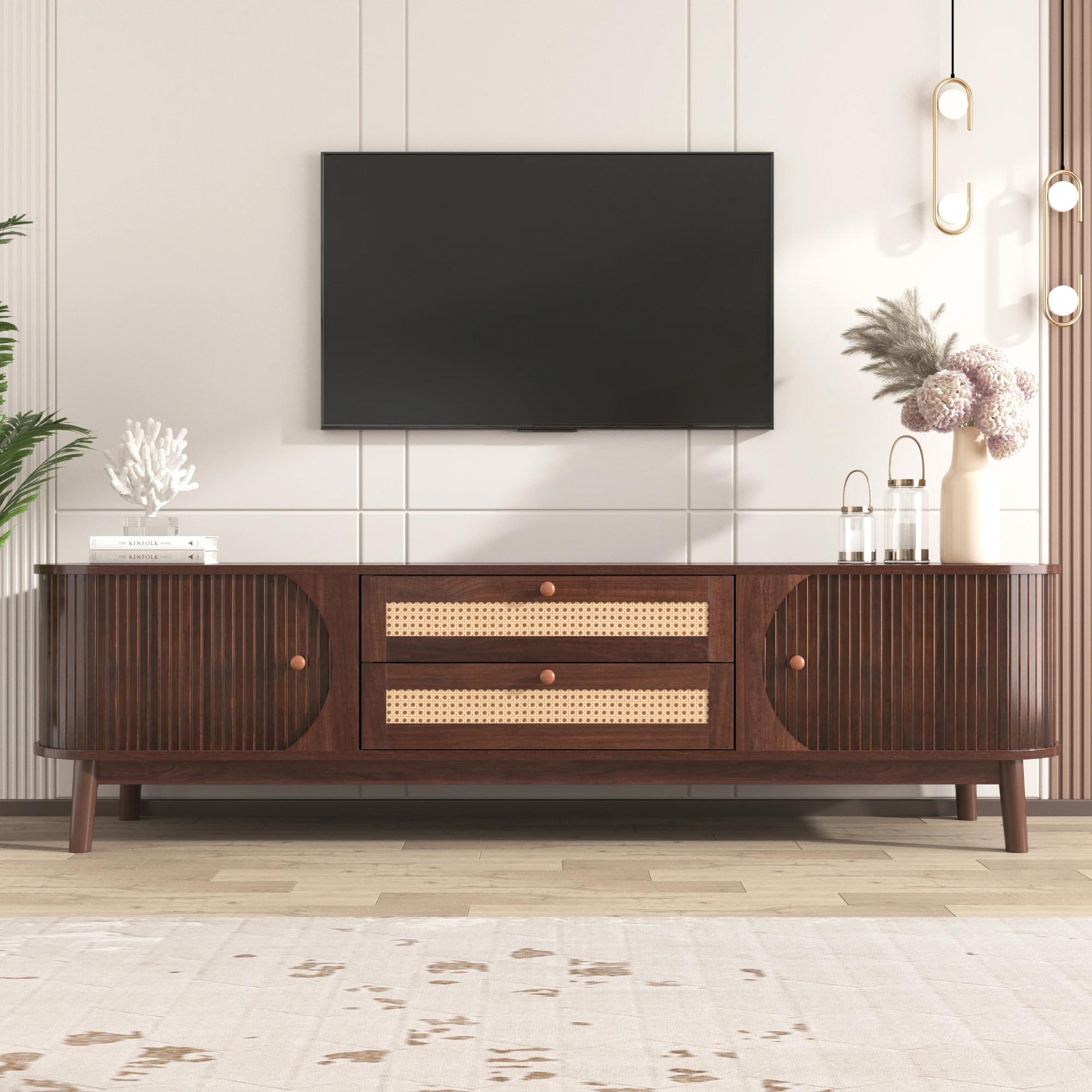 VSOGA TV Stand - Natural Wood Mix TV Stand With Doors And Drawers. Rattan Side TV Cabinet. Storage Solutions,