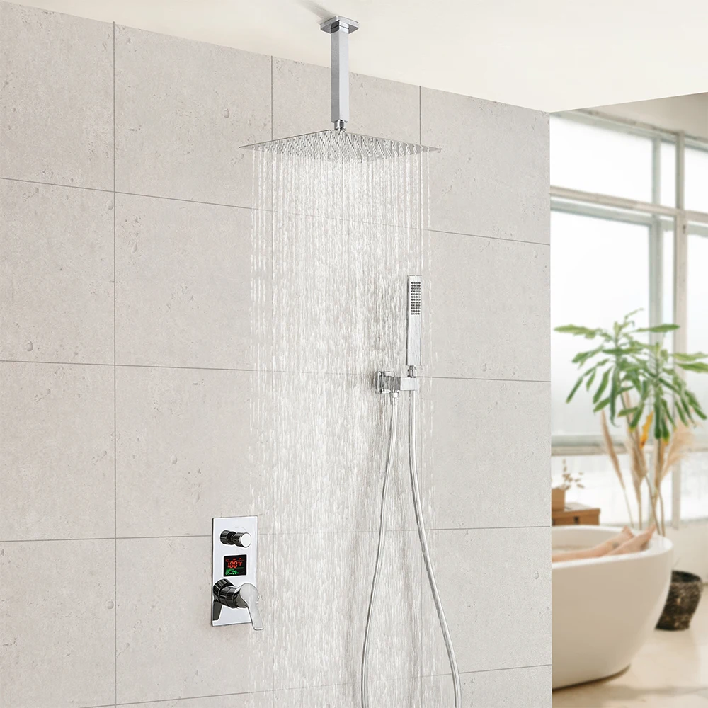 SKOWLL Overhead Shower System Ceiling Mount Rain Shower Set with Temperature Display Valve, Polished Chrome