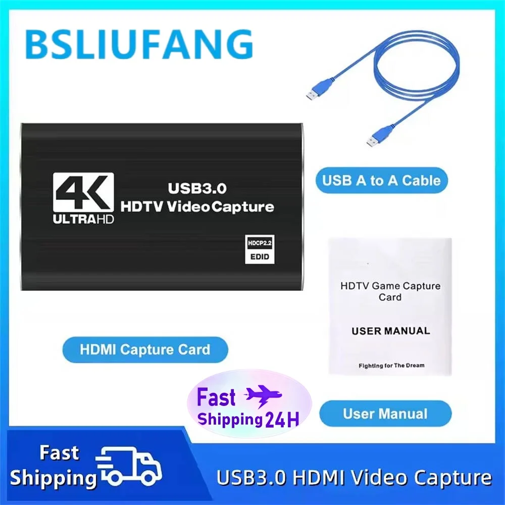 BSLIUFANG 4K USB 3.0 Video Capture Card, HDMI-compatible HDTV Recorder Grabber for Game Recording, PC, Game Audio & Mic