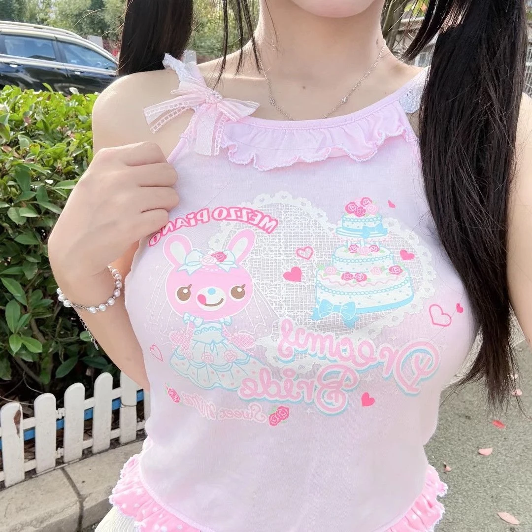 Japanisches Harajuku Niedliches Tanktop Y2k Ästhetik Rüschen Cartoon-Print Weste Rosa Süße Lolita Crop Top Slim Fit Tunika Camisoles – Detail 2
