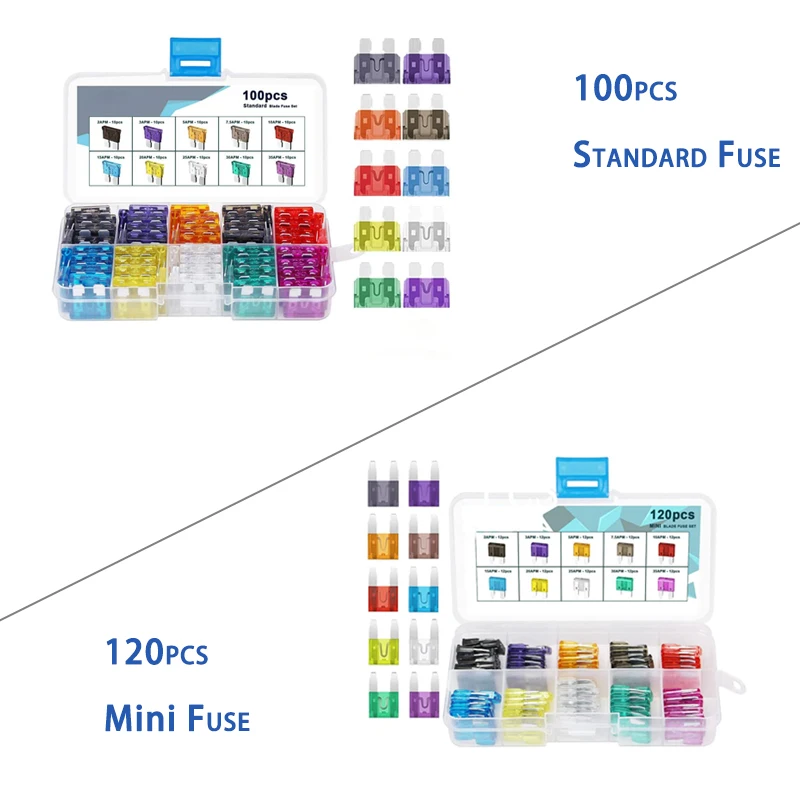 Mini-120Pcs/Standard-100Pcs Blade Fuse Assortment - Car Automotive Truck Auto ATM Fuse Kit (2 3 5 7.5 10 15 20 25 30 35 AMP)