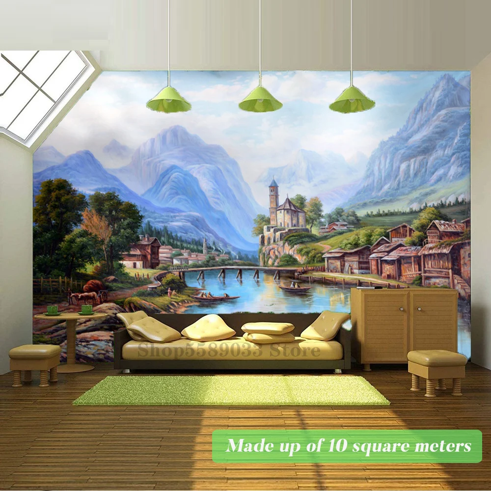 Retro Rural Town Large Wallpapers Oil Painting Countryside Landscape Natural Scenery Wall Mural Living Room Bedroom Decoration