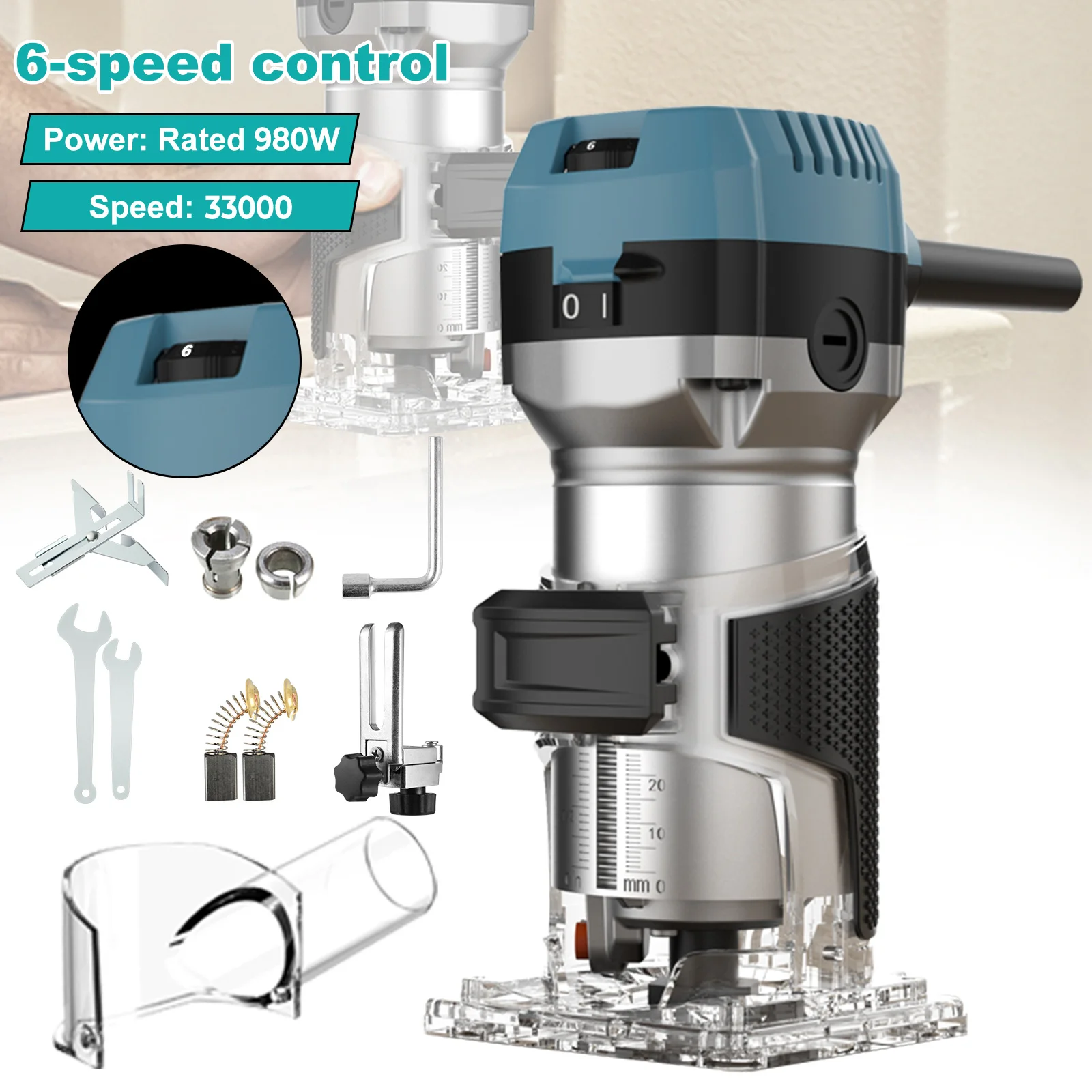 Image of 980W Elektrische Fräsmaschine 6 Geschwindigkeiten 33000 U/min Holzbearbeitungs- und Schnitzwerkzeuge Fräs- und Schneidwerkzeuge für Schreiner