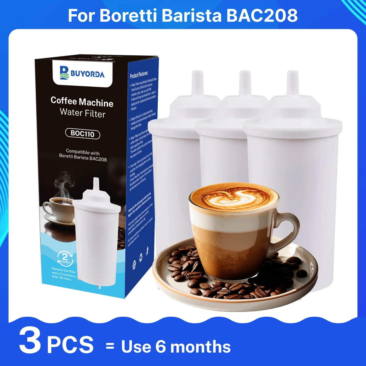Coffee Machine Water Filter 3 Pack Replacement for Boretti Barista BAC208 Activated Carbon Anti Limescale Taste Protection Care