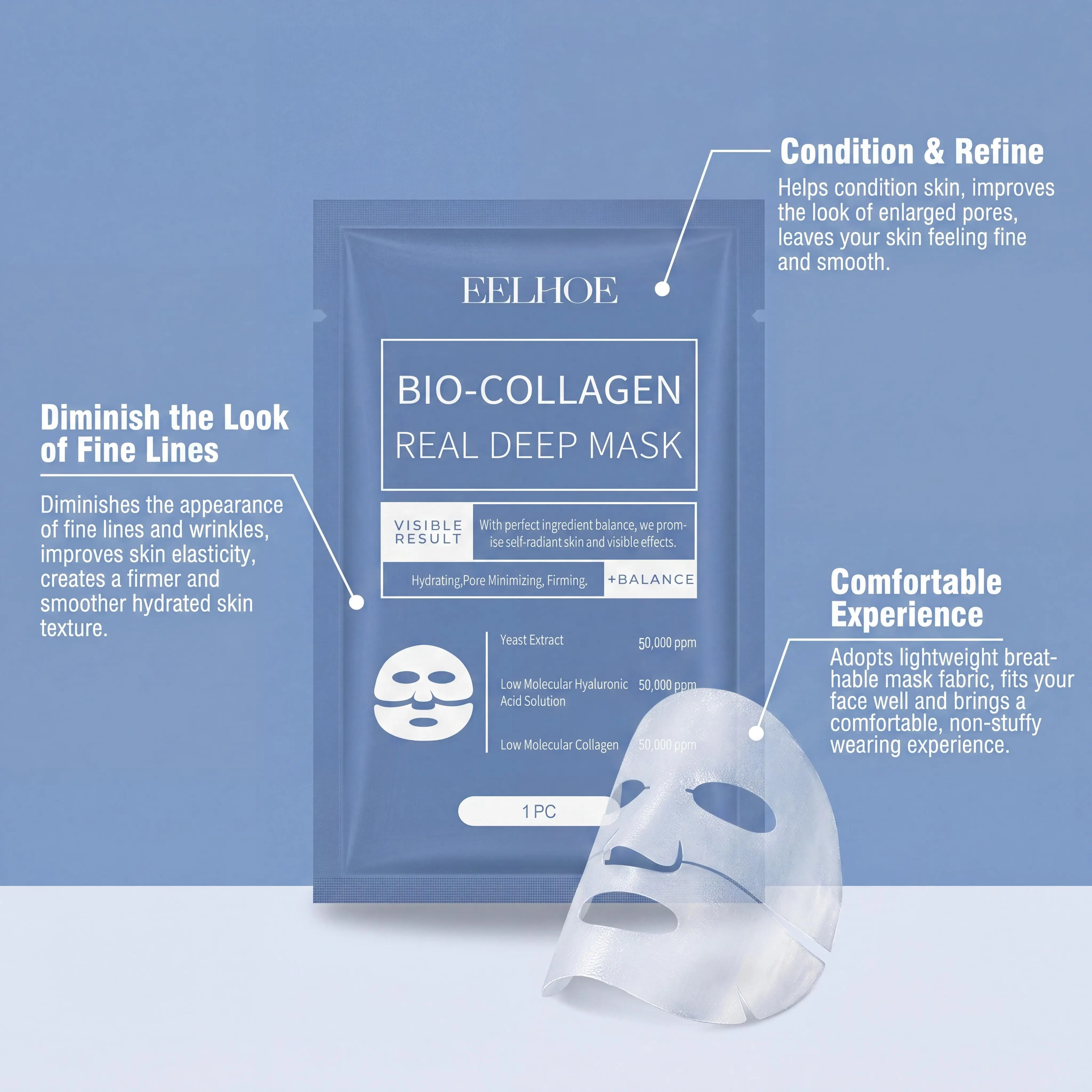 Eelhoe Bio Collagen Sheet Face Mask Hydrating Pore Minimizing Firming Yeast Extract Hyaluronic Acid Anti Aging Skin Care Treatment
