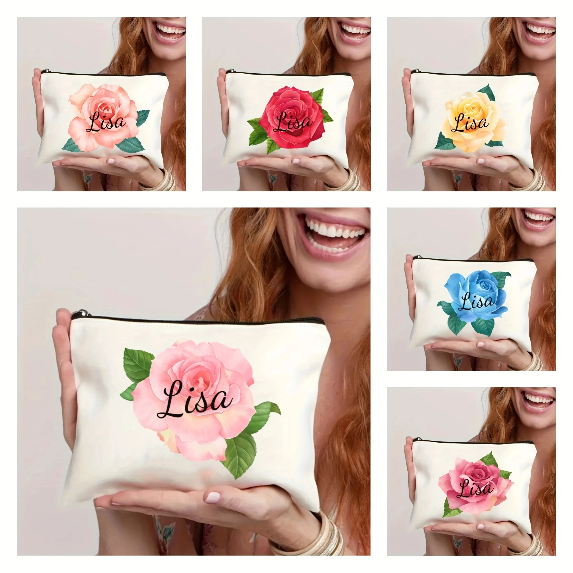 Personalized Name & Date Rose Flower Makeup Bag - Text/Initials with Rose,Large Capacity Travel Toiletry Case Suitable for Women