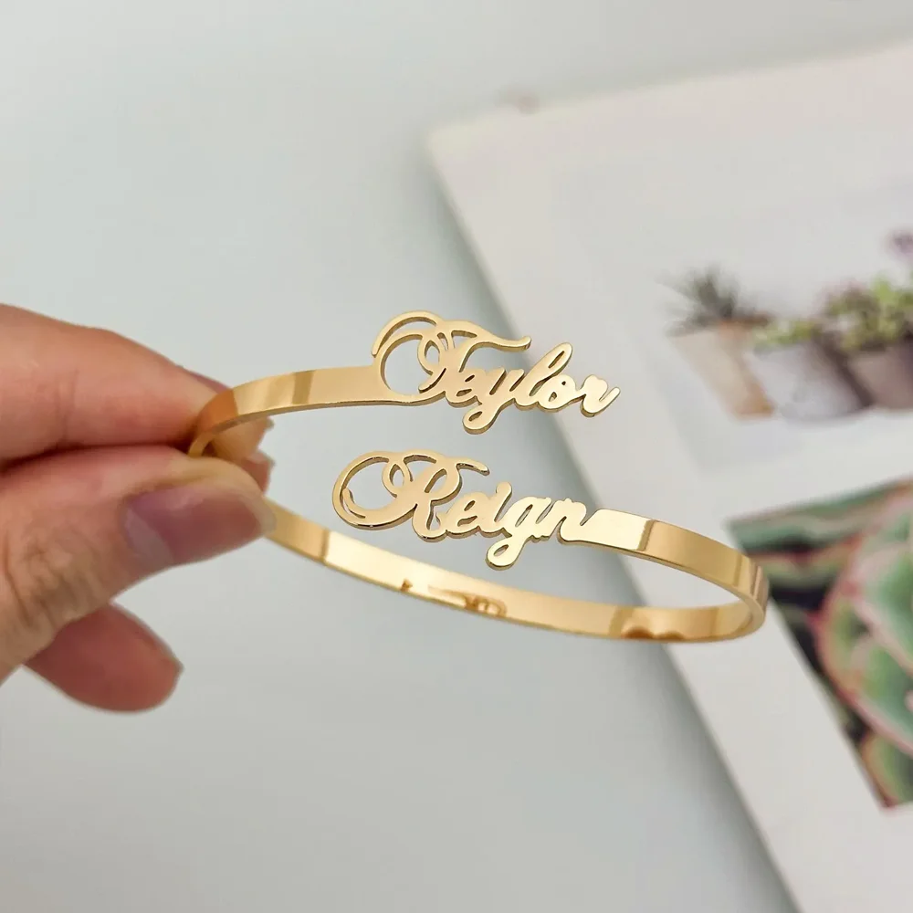 Custom Two Name Cuff Bangle Bracelet Personalized Double Names Couple Gold Color Stainless Steel Jewelry Dainty Bridesmaid Gift