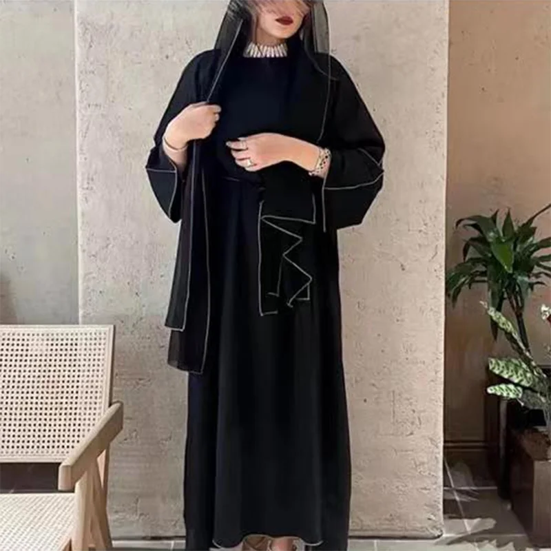 

Ramadan Muslim Open Abaya for Women Dubai Long Dress Four Pieces Muslim Sets Turkey Islamic Stitching Abayas with Belt Hijab