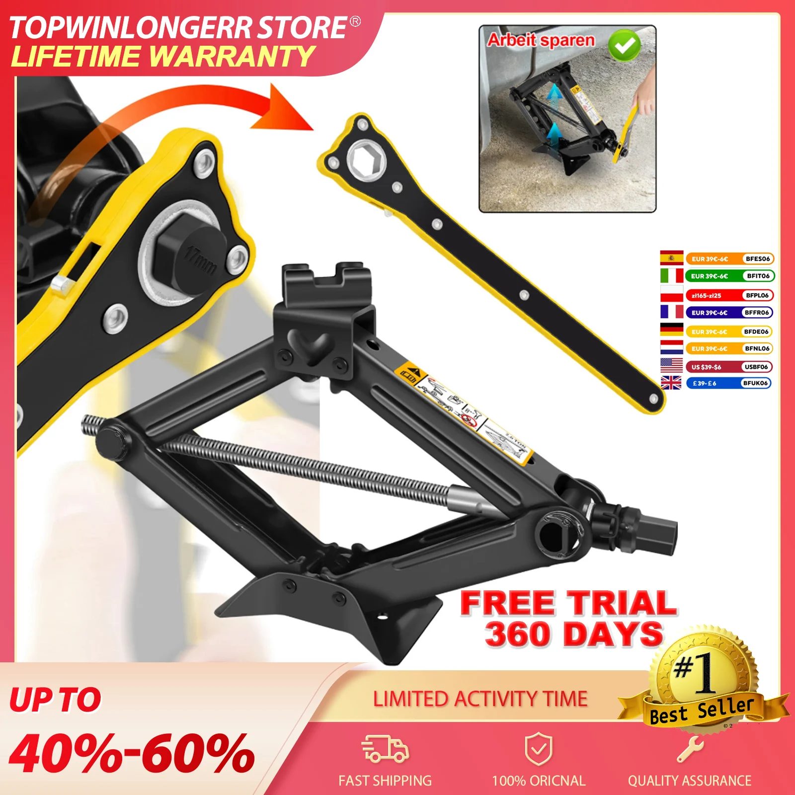 Gato de tijera de 2 toneladas para coche con carraca - Gato de tijera de acero resistente a la corrosión para laboratorio, elevador de suelo de 11-39 cm, herramientas de elevación para coche, furgoneta, SUV, MPV, kit de emergencia, herramienta para reparación y cambio de neumáticos
