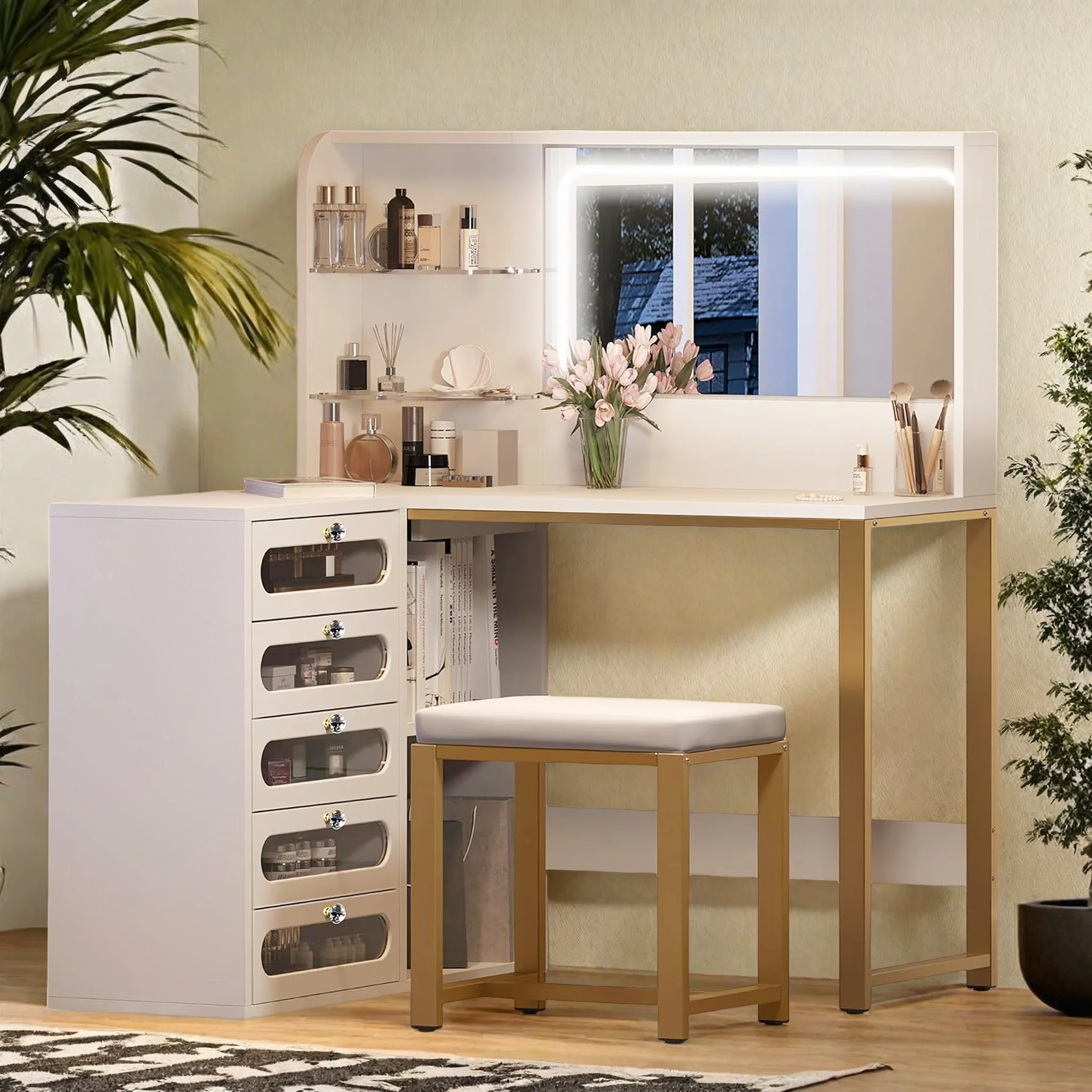 Hoekbureau, L-bureau, computerbureau, kaptafel met LED-verlichting, spiegel en 5 laden voor bureau/studeerkamer, wit