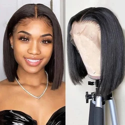 Yyong 250% 13x4 Blunt Cut Bob Wig Short Lace Front Human Hair Wigs Remy Brazilian Straight Bob With Baby Hair Closure Bob Wigs