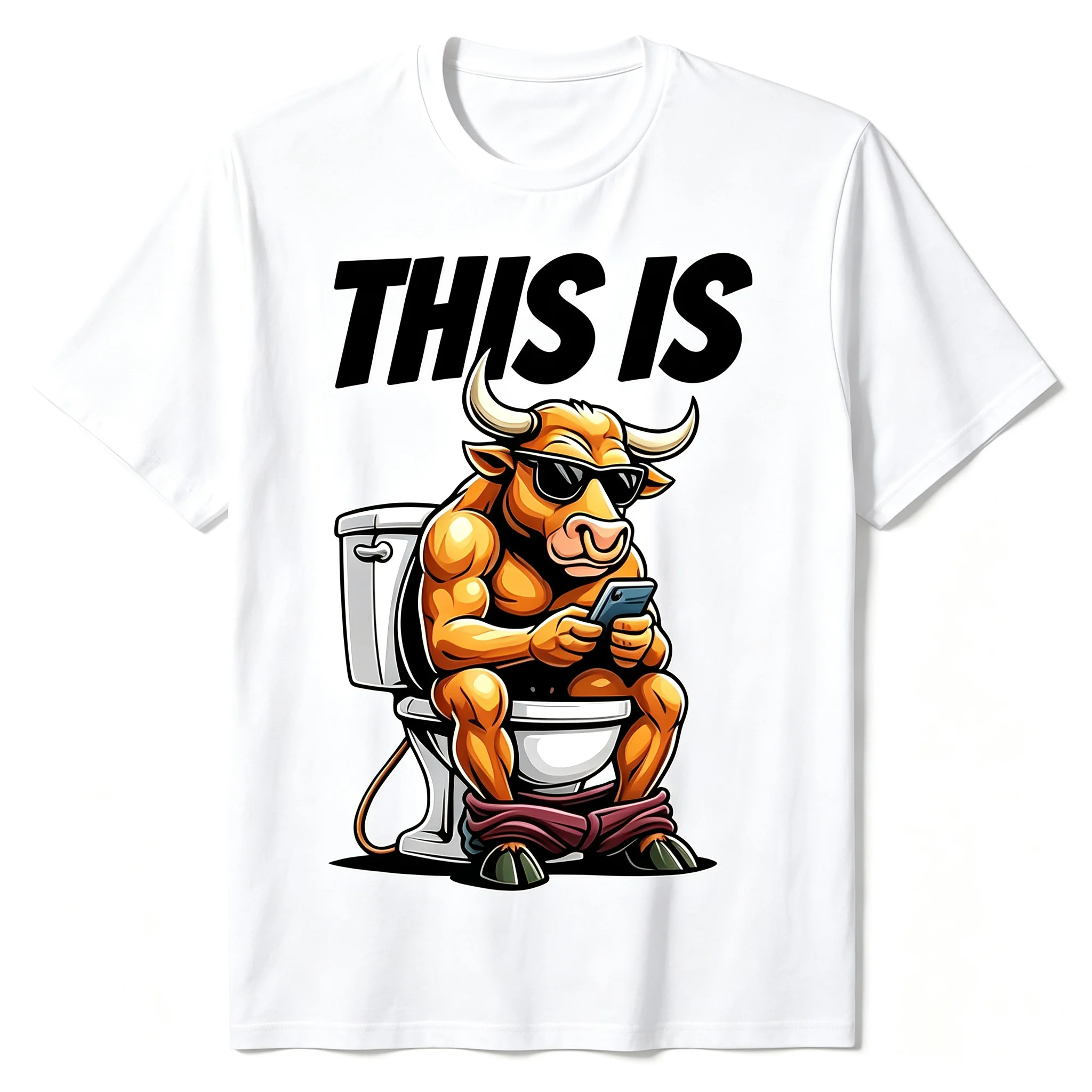 Funny Bull On Toilet This Is Graphic T‑Shirt, Humorous Meme Novelty Tee For Men Women, Cool Cow Sunglasses Casual Short Sleeve Shirt