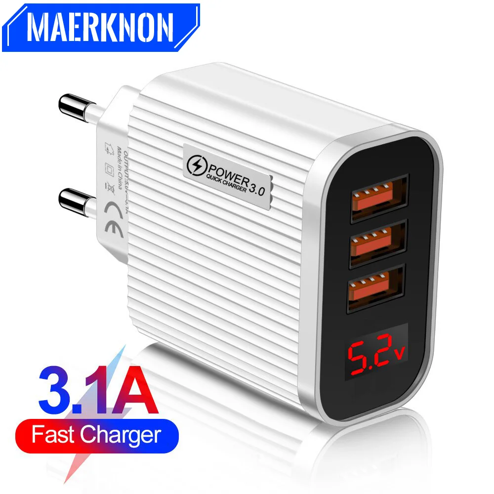 

Quick charger 3.0 USB Digital Display Charger For Iphone 12 13 Samsung Xiaomi 5V 3A LED Fast Charging 3-Port Wall Phone Charger