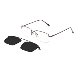 Men Metal Rectangle Glasses Frame Half Rim Superfine With Spring Hinge With Clip On Sunglasses For Optical Prescription Lenses