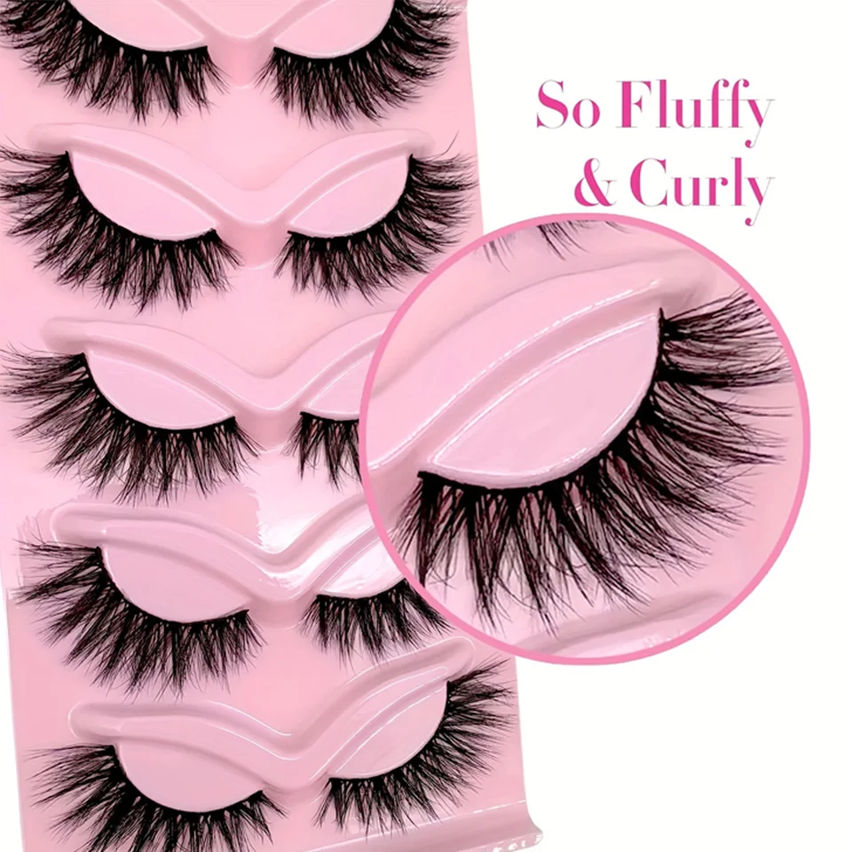 5 pares de pestañas ojo de gato 3D naturales postizas, esponjosas suaves cruzadas con banda transparente, pestañas manga esponjosas para maquillaje 6