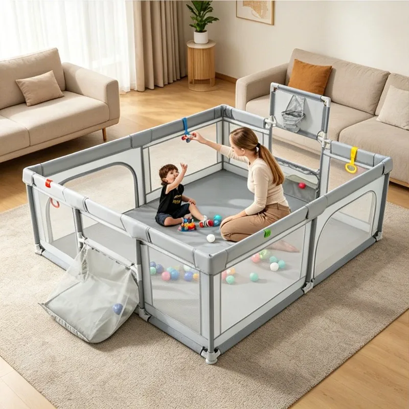 Parc de jeu pour bébé 188 x 157 cm avec panier de basket et but de football, parc de jeu pliable pour tout-petits avec porte zippée, gris clair