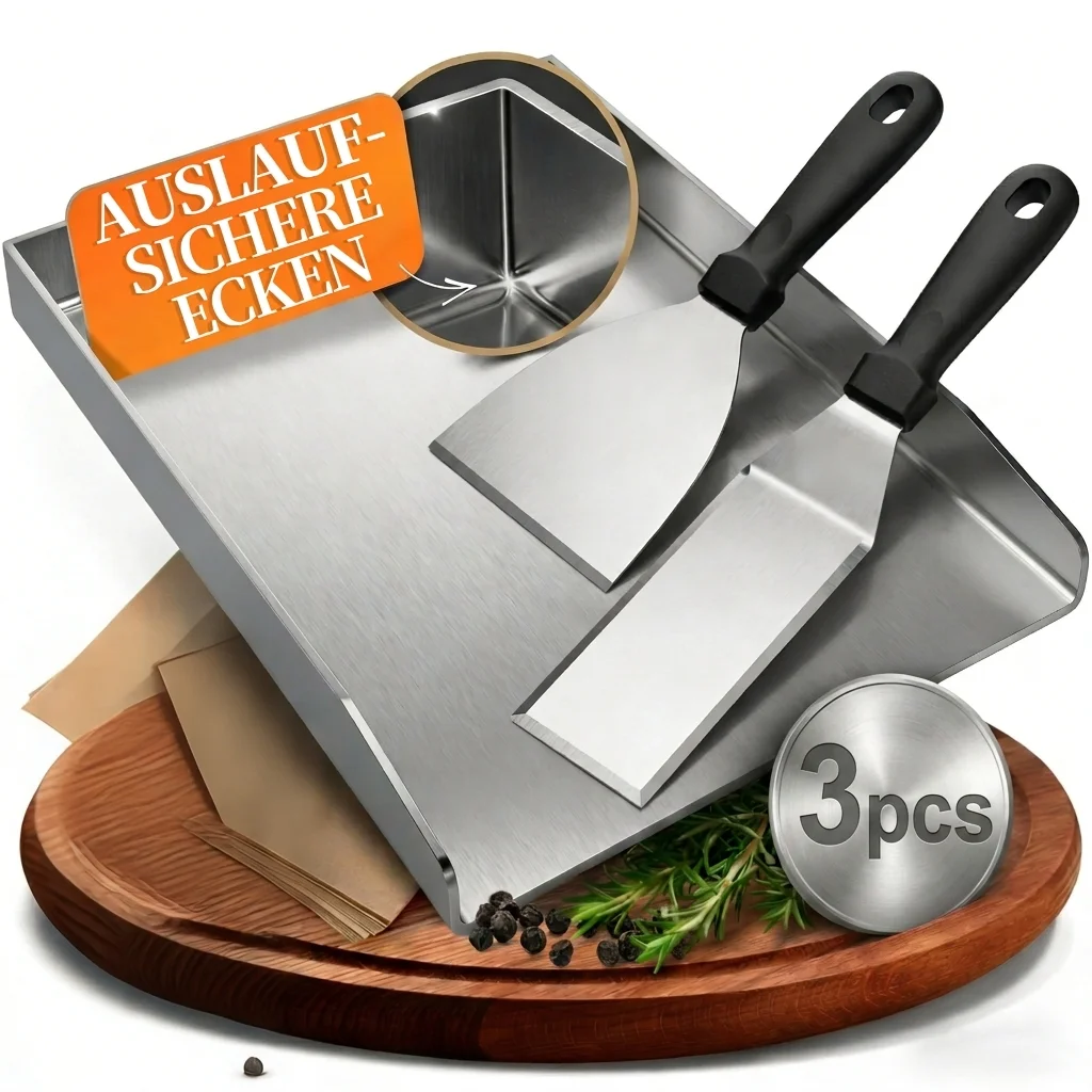Plaque de cuisson plate en acier inoxydable 40x30cm avec ensemble de racloeurs, bords surélevés anti-fuite, plaque de grillage facile à nettoyer pour gaz et charbon de bois
