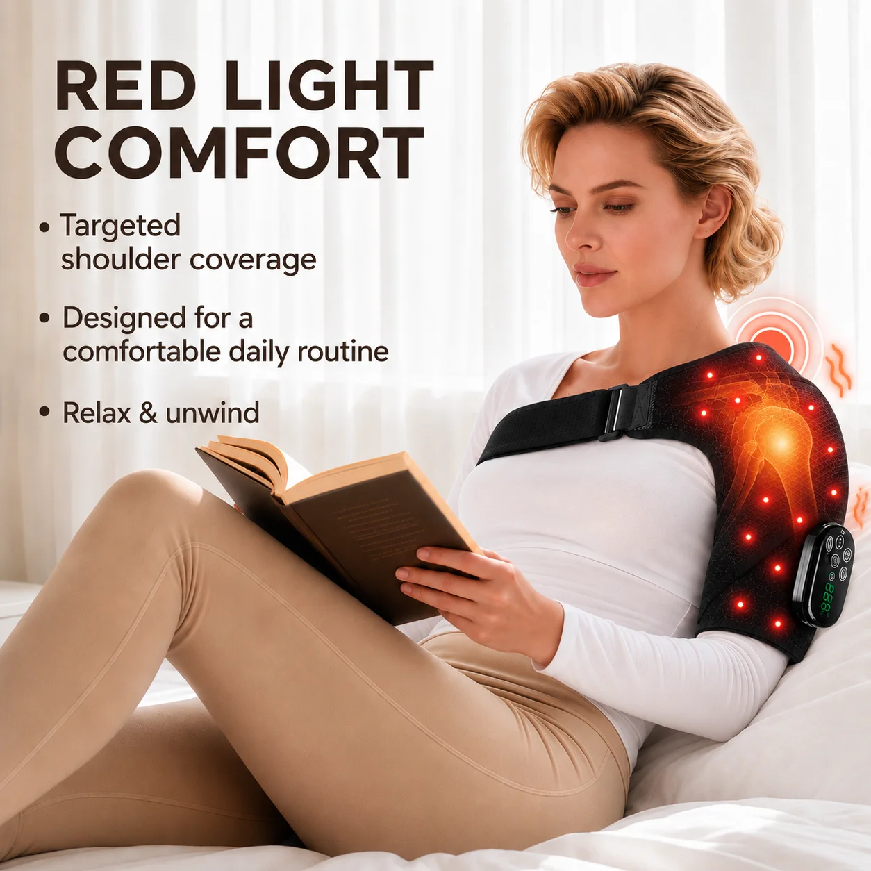 Red Light Shoulder Wrap 660nm 850nm with Heat & Vibration Massage, 3 Timer Settings, Adjustable Wearable Shoulder Massager