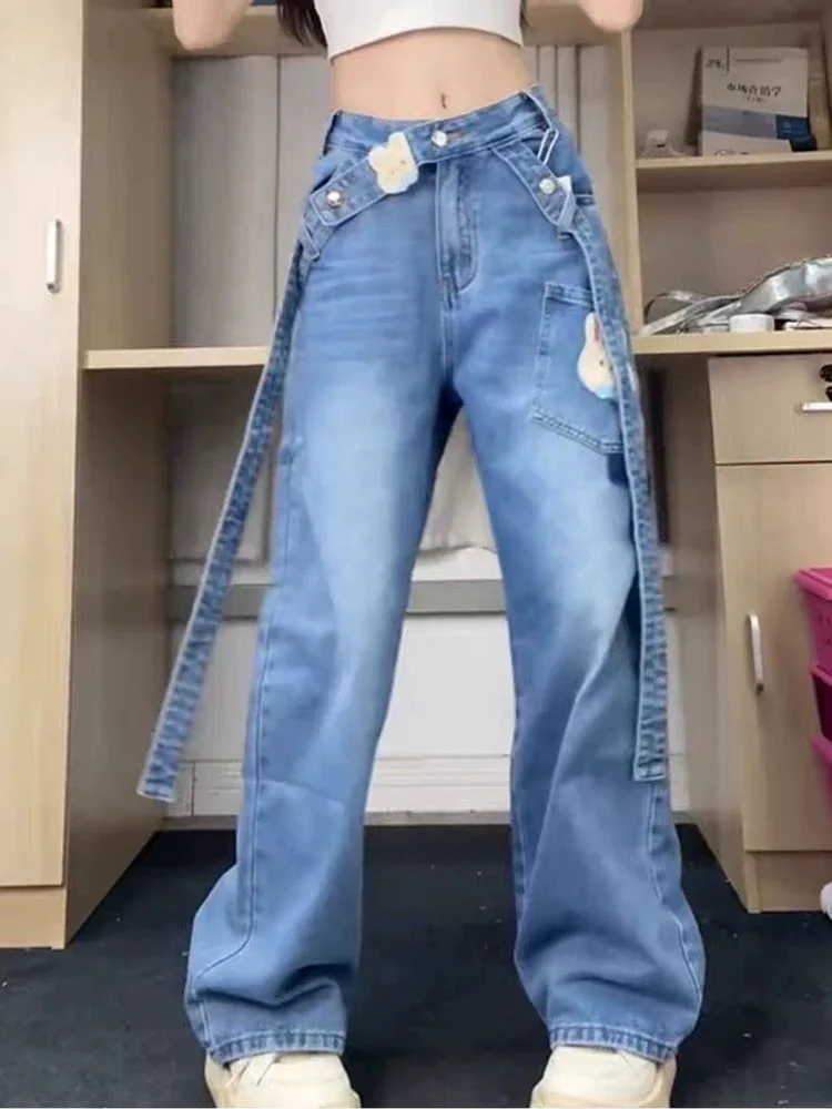 Women's Blue Rabbit Embroidered Cartoon Jeans Pocket Y2k 2000s American Casual Autumn And Winter New Design Straight Trousers