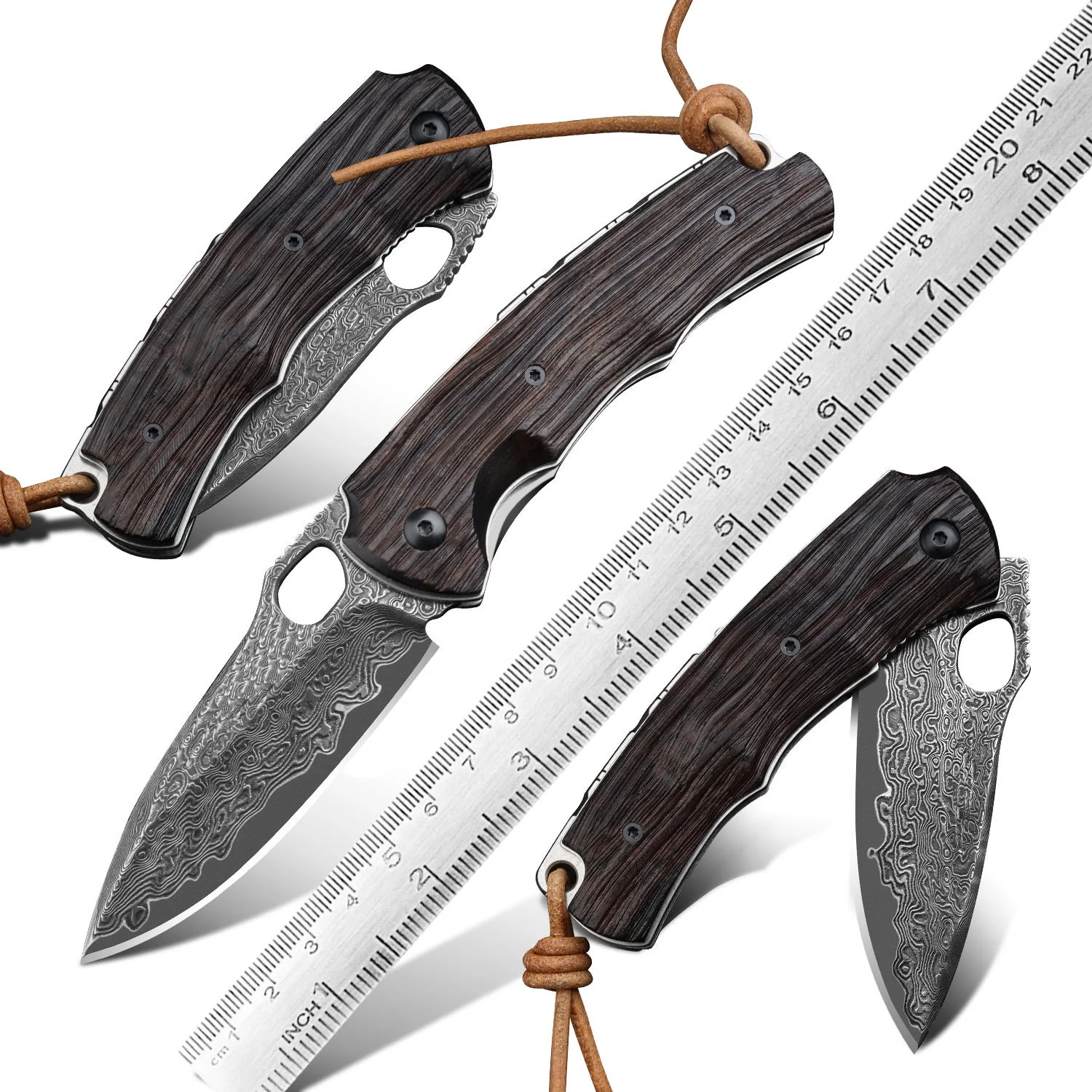 

SPirit deed Damascus Steel Folding Knife 67 Layers VG10 Core Ebony Wood Handle Pocket Knife Handmade Leather Sheath EDC Camping