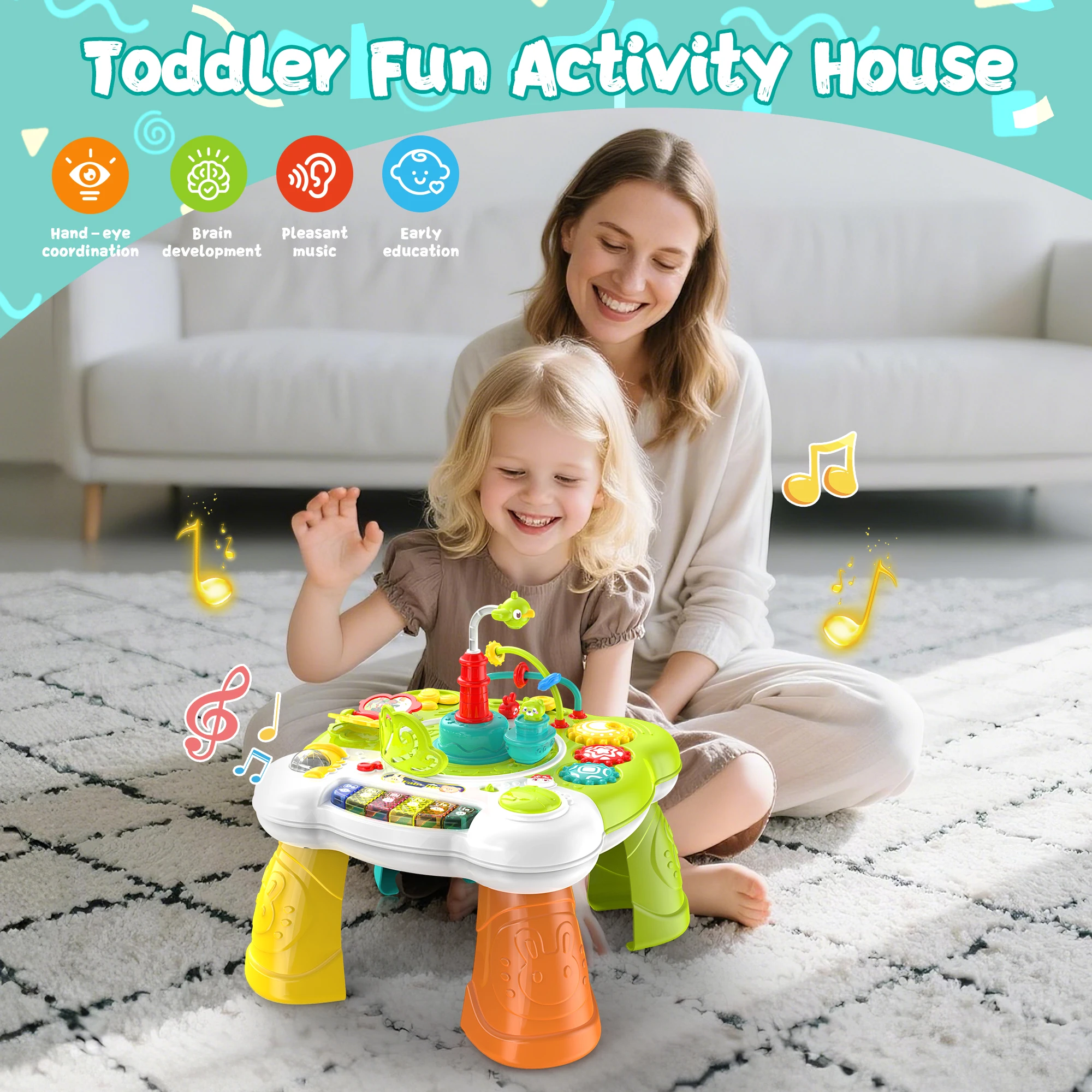 Muzikale activiteitentafel voor peuters: interactief leerspeelgoed met piano, verlichting en activiteiten voor peuters - groen plastic ontwerp