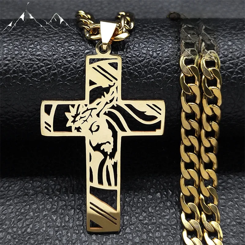 Hip Hop Punk couronne d'épines jésus croix collier pour hommes en acier inoxydable plaqué or Crucifix pendentif colliers bijoux N8052