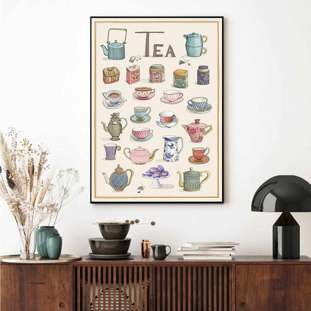 

Kitchen Decor Vintage Tea Cups Teapots Wall Art Print Nordic Poster Canvas Painting Wall Picture Cafe Restaurant Home Decoration