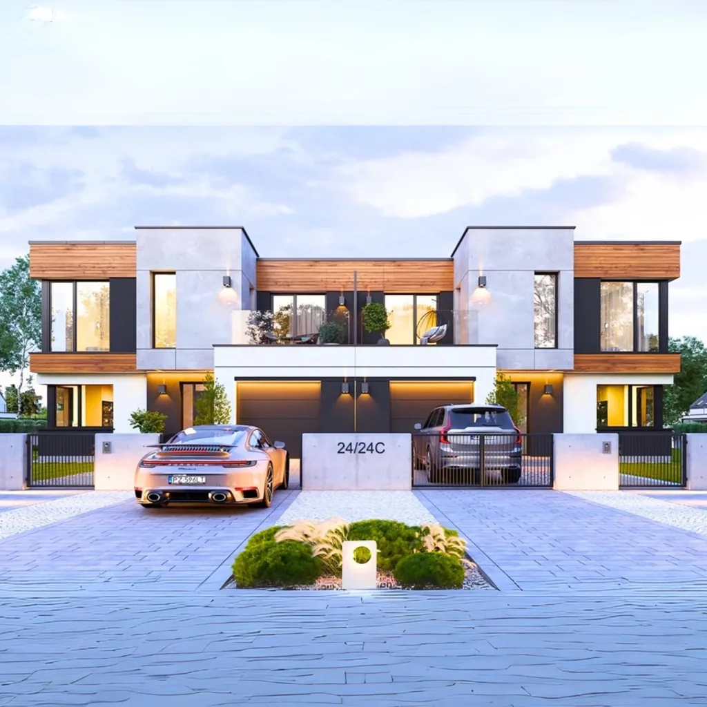 خطط مطبوعة للفيلا الحديثة التوأم |   4 غرف نوم 216 م2 تصميم علوي ومرآب |   كتيب مخطط المنزل DIY + قائمة المواد المجانية