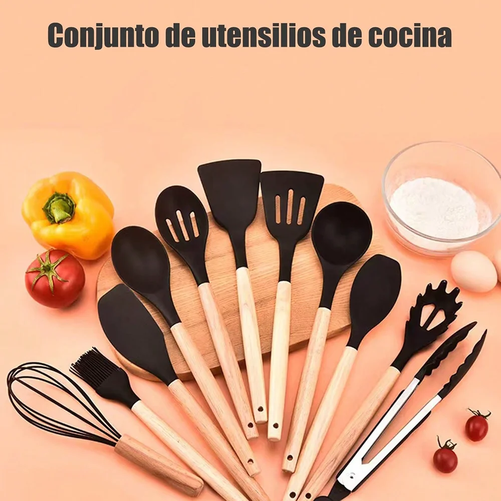 12 Kitchen Utensils with Cubes Wooden Handle Storage Cubes Kitchen Tools Non-slip Silicone Spoons