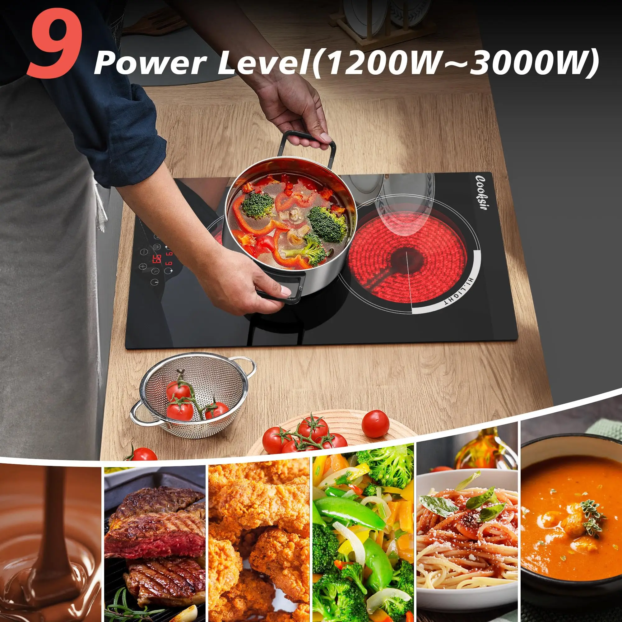 Cooksir 12 inch 2 Burner Electric StoveTop 3000W，with 9 Power Levels，Safety Lock，Timer，Sensor Touch Control，Hard Wired (No Plug)