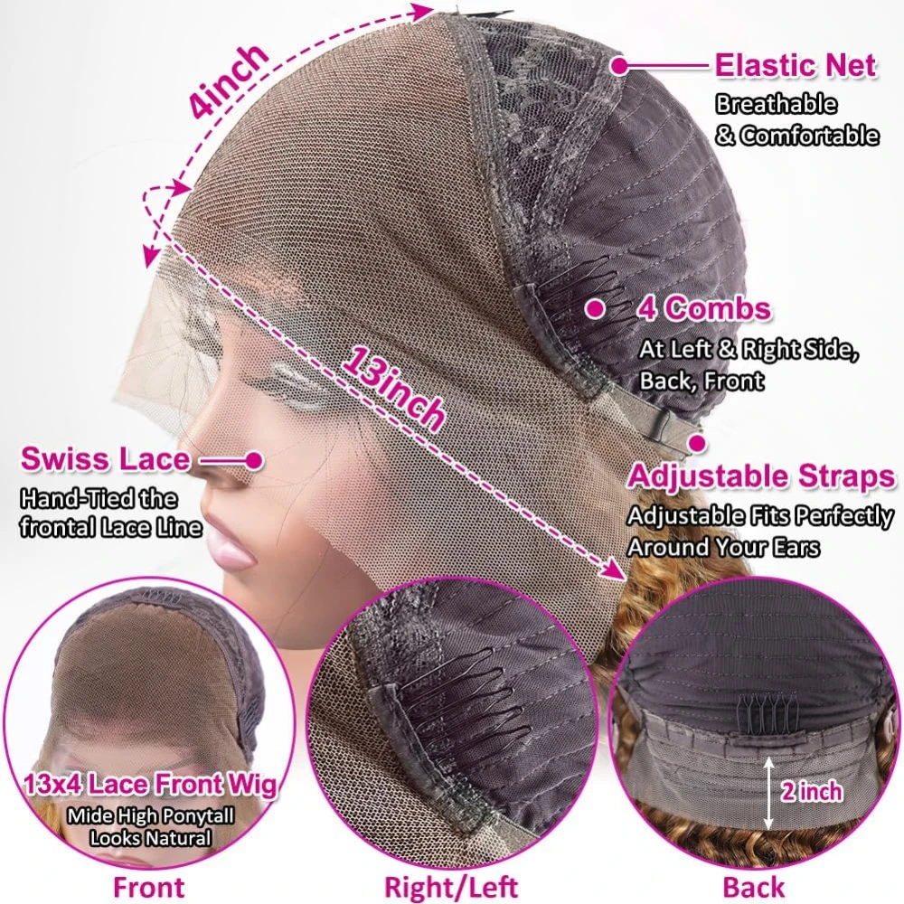 Wig Rambut Asli 200% 13x4 HD Transparent Deep Wave Frontal Wig Ombre Highlight Curly Lace Front P4/27 5x5 Gluless Closure Wig