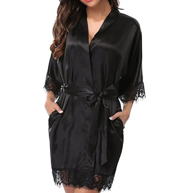 Women Iace Silk Pajamas Robes Sleepwear Nightgowns Half Sleeve Nightdress Black Lace Bathrobe Smooth Soft Comfortable Pure Color