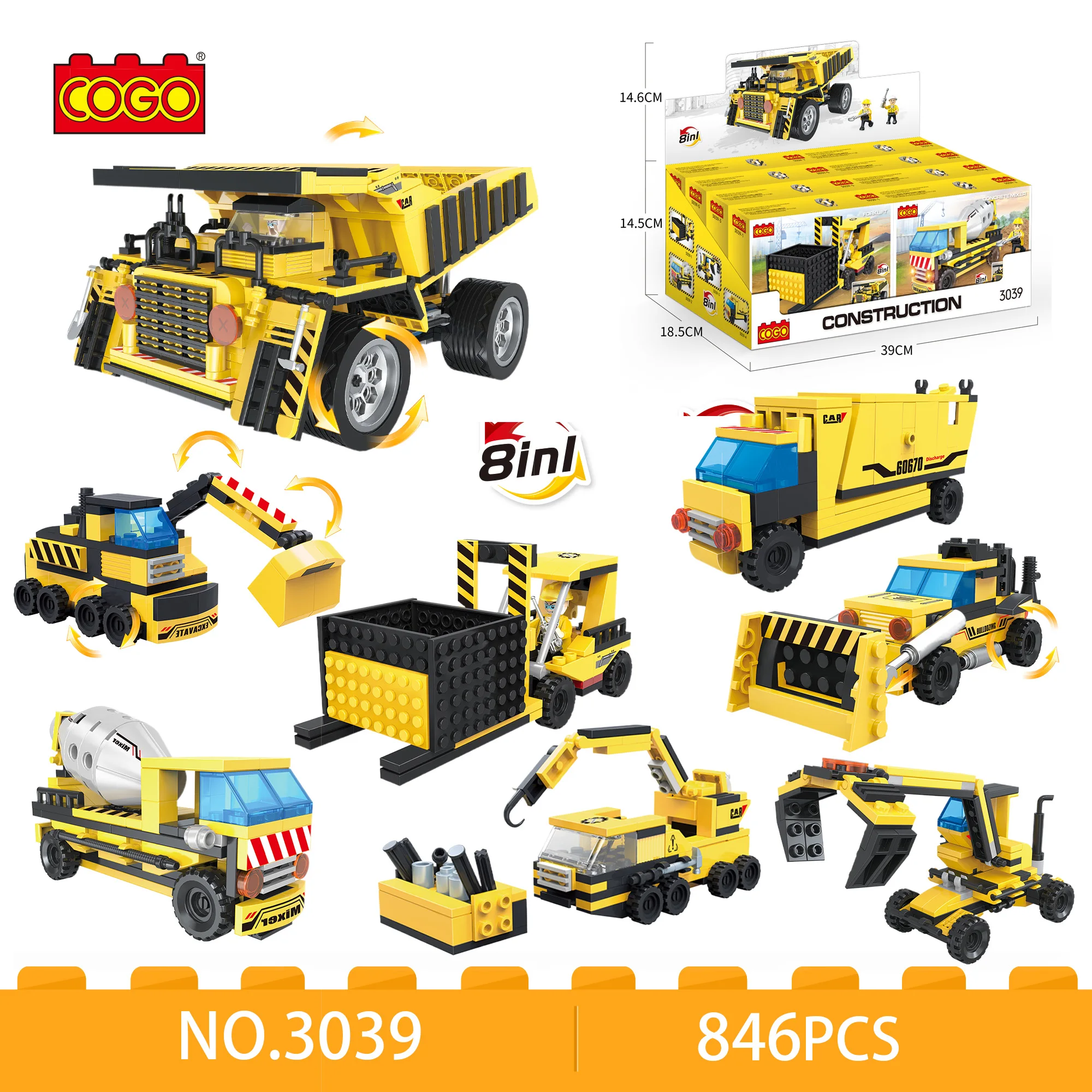 COGO Engineering Vehicle Building Blocks Kits - Grader, Paver, Road Rollers - Construction Car Bricks for Boys (846 PCS)