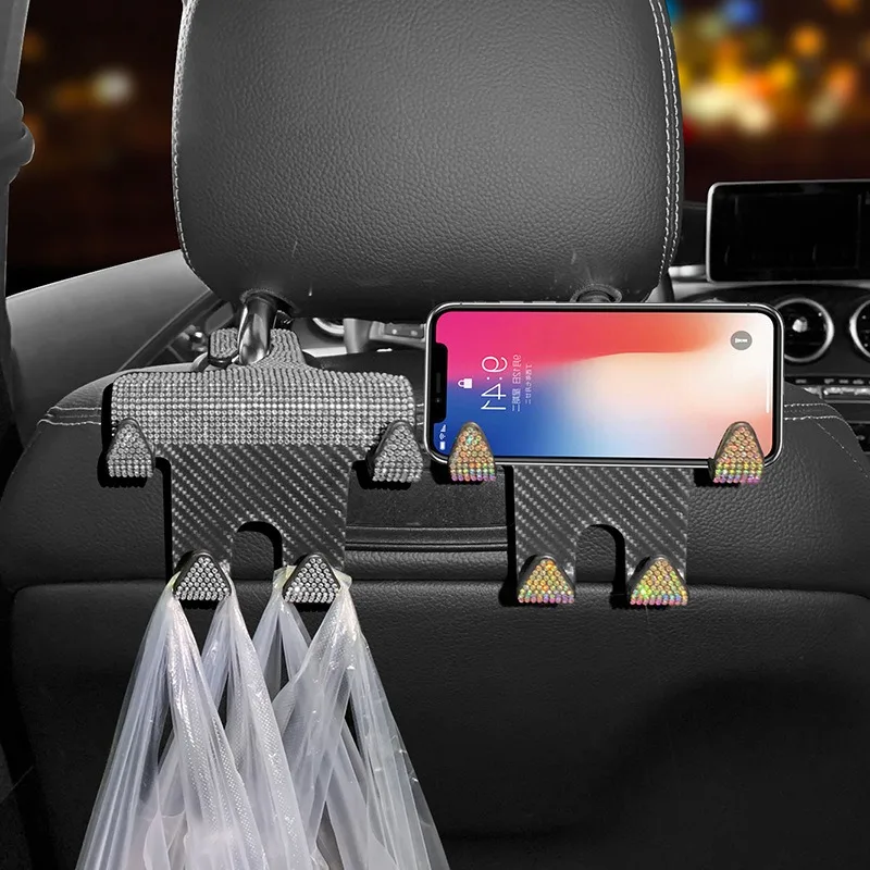 2 in 1 Car with Phone Holder Rhinestone Diamond Hook Hanging Storage Mobile Phone Holder Stand Lazy Rear Seat Accessories