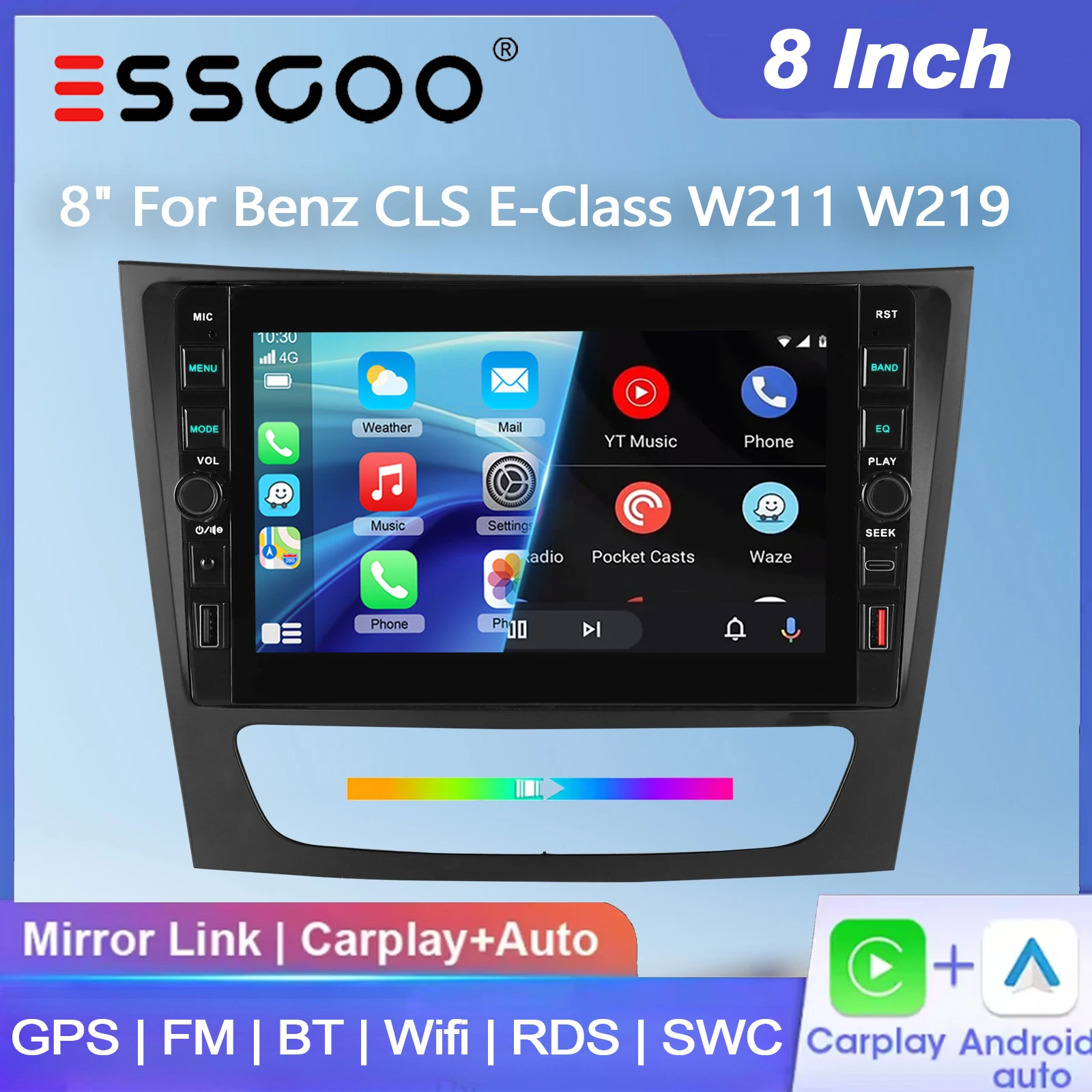 ESSGOO 8" 4+64G Autoradio für Mercedes Benz CLS E-Klasse W211 W219 Android 15 Wireless Carplay Android Auto GPS-Navigation USB Typ-C FM Bluetooth WiFi RDS ASP Mirror Link SWC IPS Touchscreen