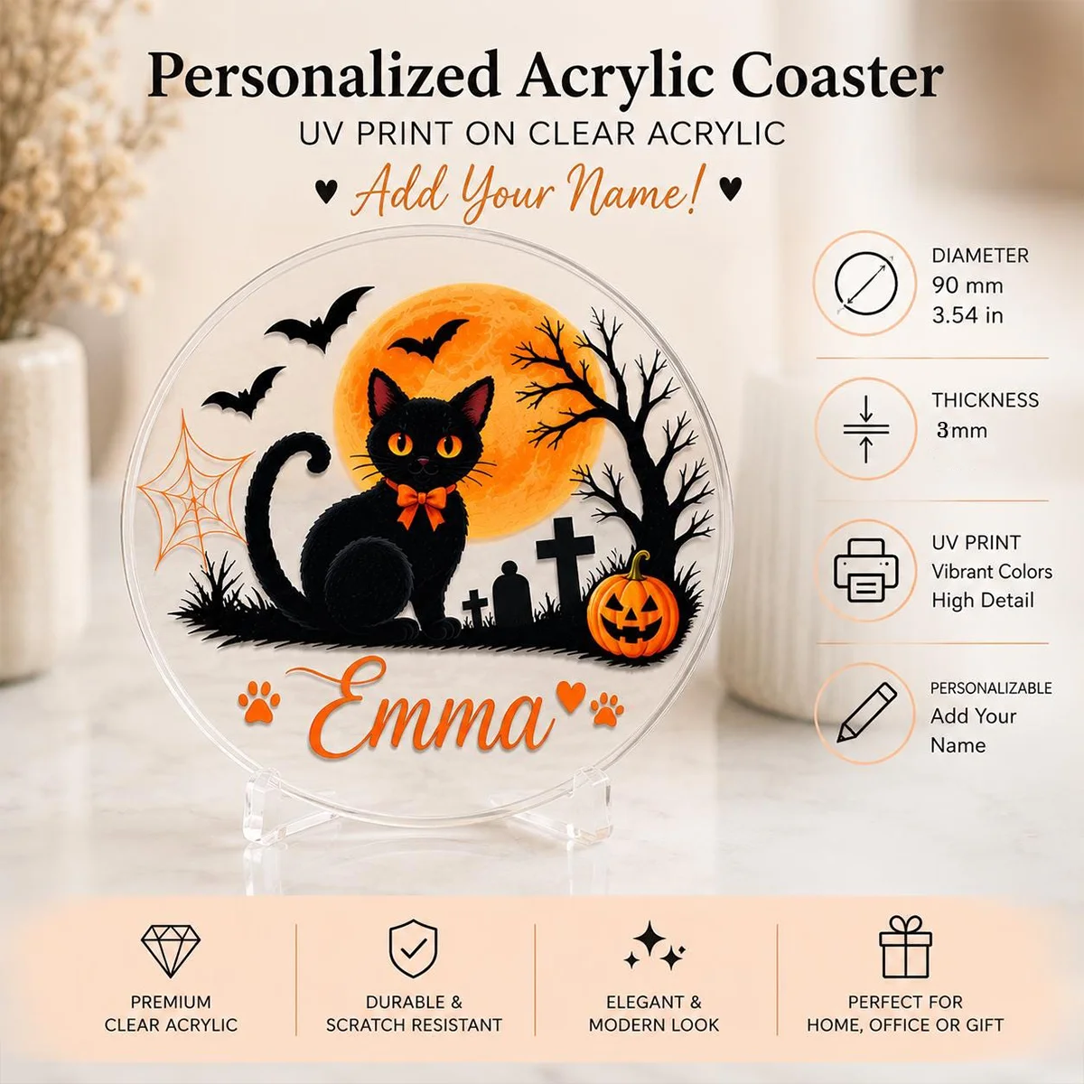 Personalized Halloween Acrylic Coaster, Custom Name Pumpkin/Mommy Drink Coaster, Fall Table Decor, Halloween Gift